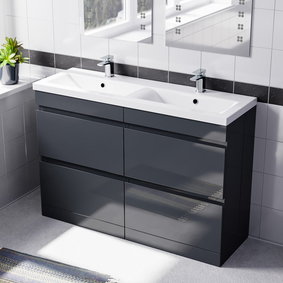Set of 2 PVC Freestanding 600mm Vanity With Ceramic Mid Edge Twin Basin - Anthracite