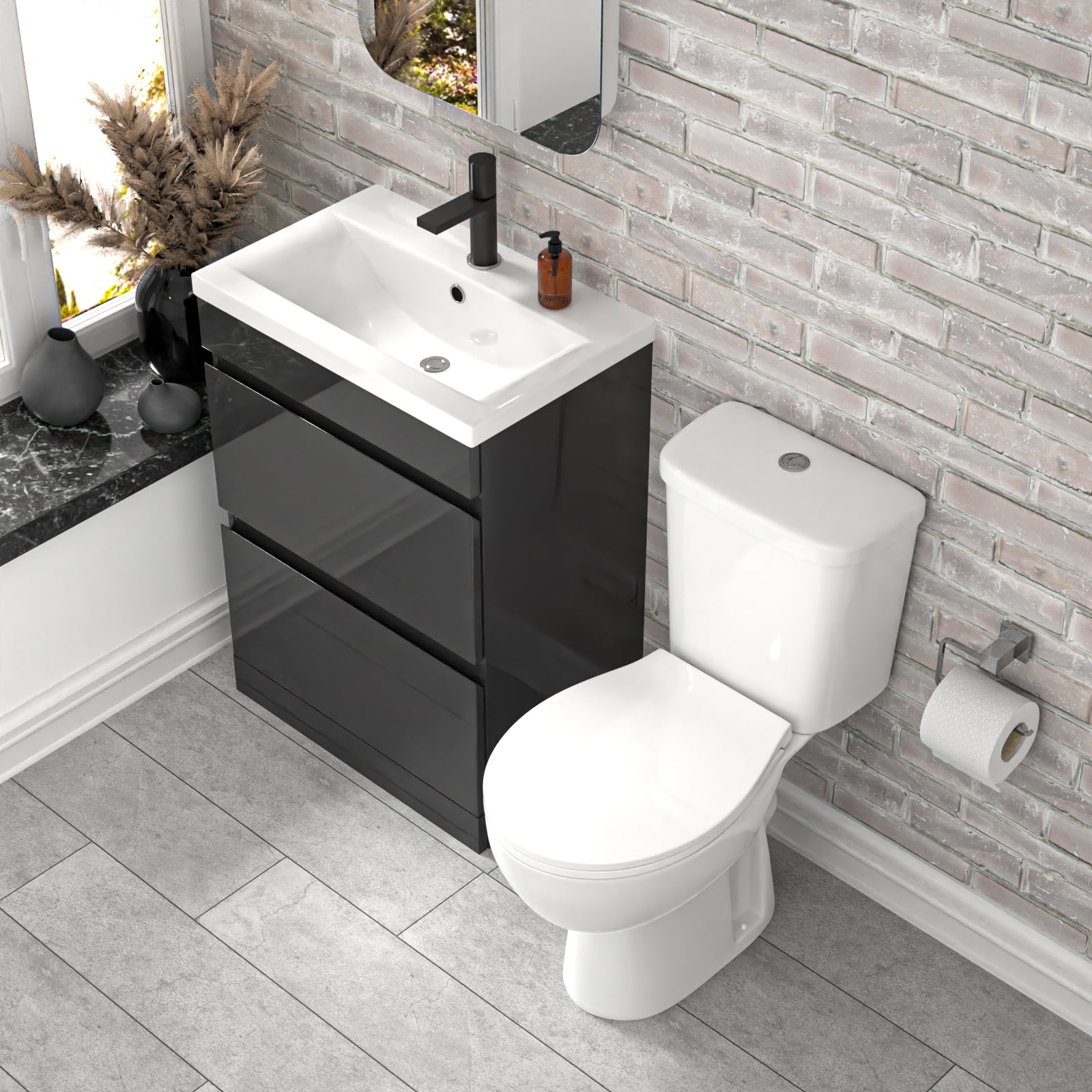 Alaska 600mm Dark Grey 2 Drawers Handleless Basin Vanity Close Coupled Toilet
