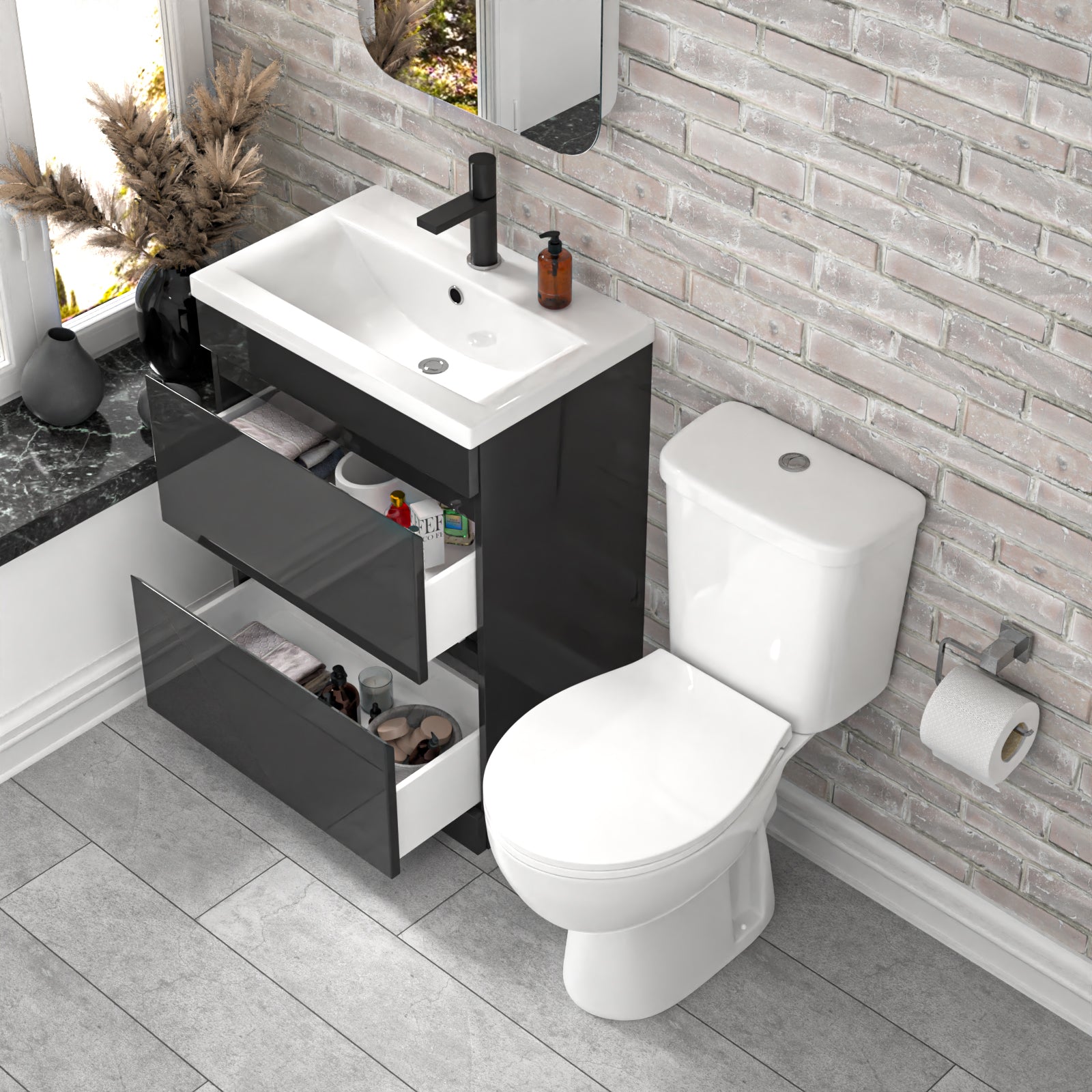 Alaska 600mm Dark Grey 2 Drawers Handleless Basin Vanity Close Coupled Toilet