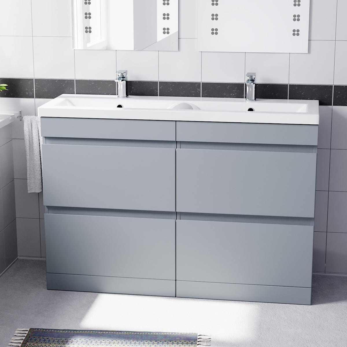 Set of 2 PVC Freestanding 600mm Vanity With Ceramic Mid Edge Twin Basin - Matte Grey