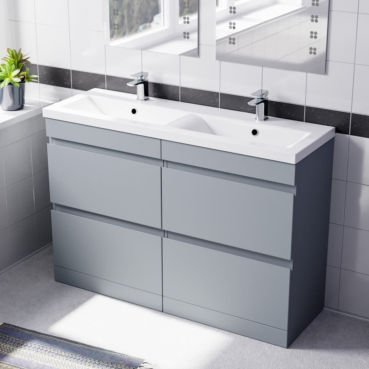 Set of 2 Freestanding 600mm Drawers Vanity with Mid Edge Twin Basin - Matte Grey