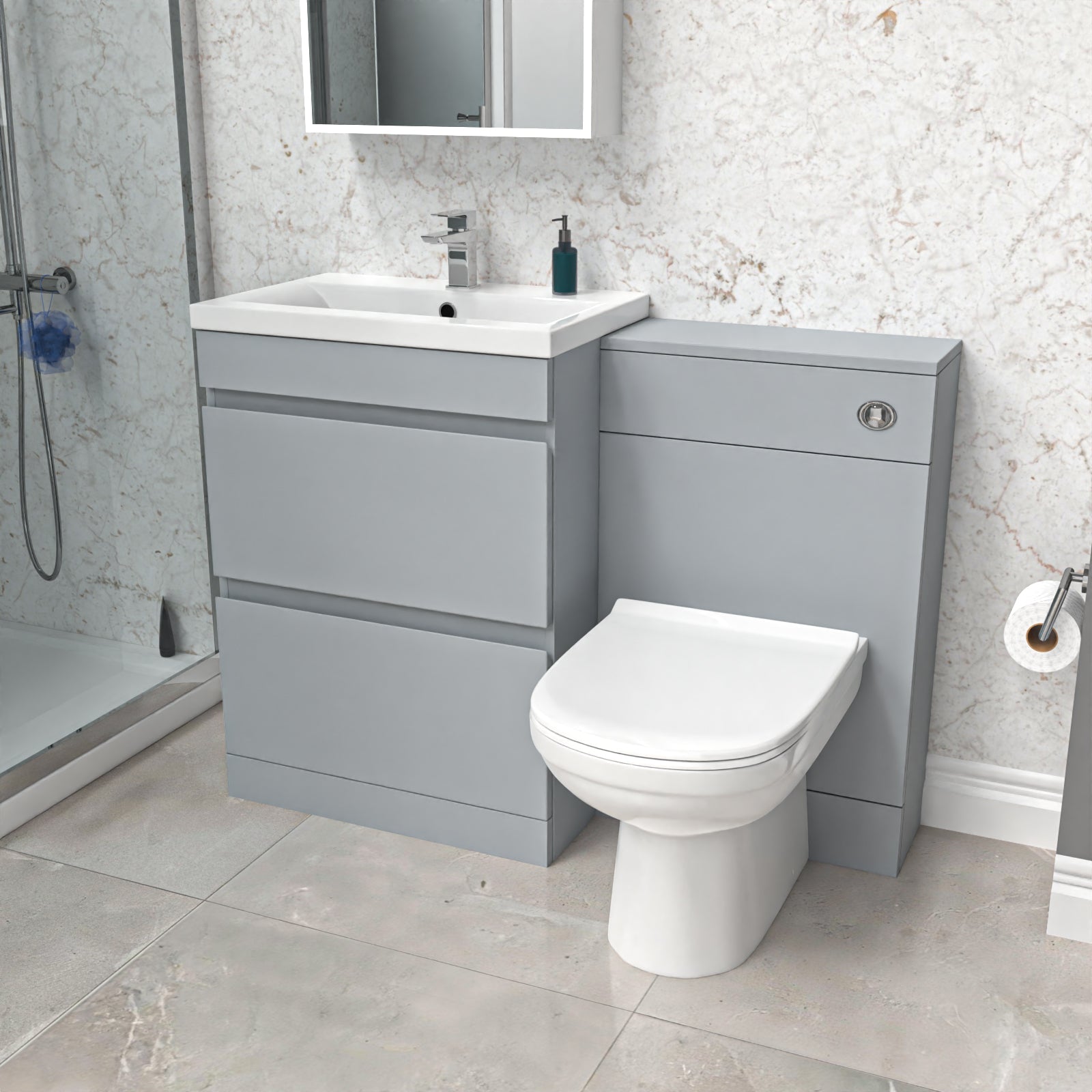 Matte Grey 600mm Vanity Unit 2 Drawers WC Unit & BTW Toilet