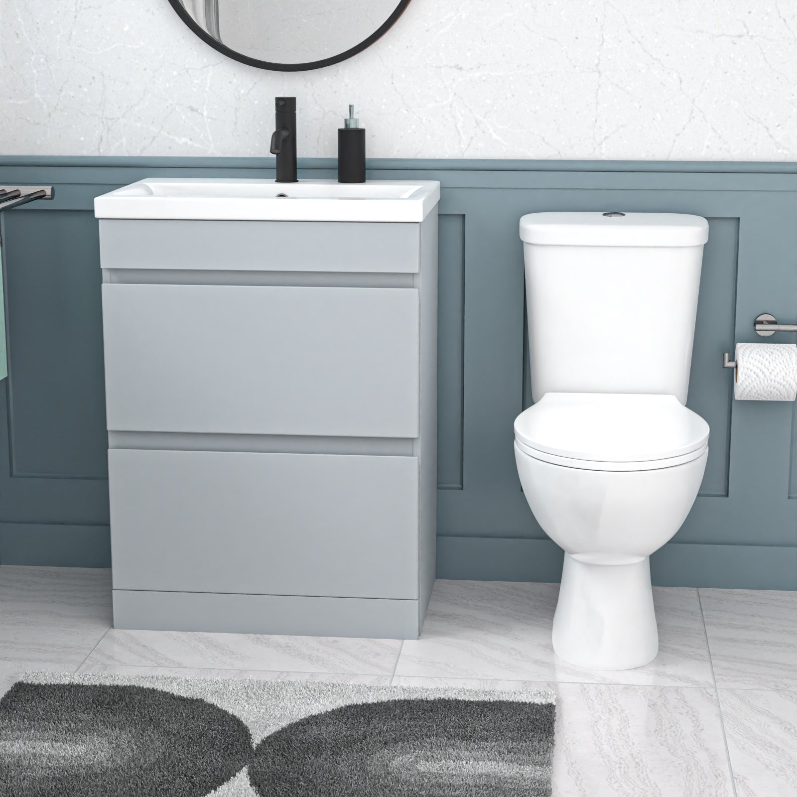 Alaska 600mm Matte Grey 2 Drawers Handleless Basin Vanity Close Coupled Toilet