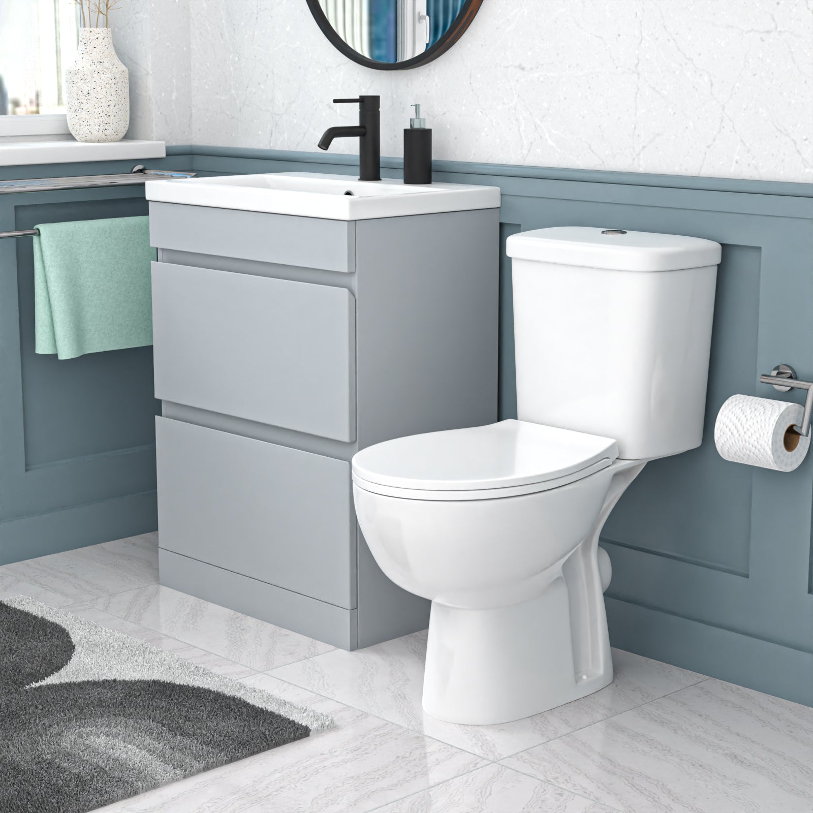 Alaska 600mm Matte Grey 2 Drawers Handleless Basin Vanity Close Coupled Toilet