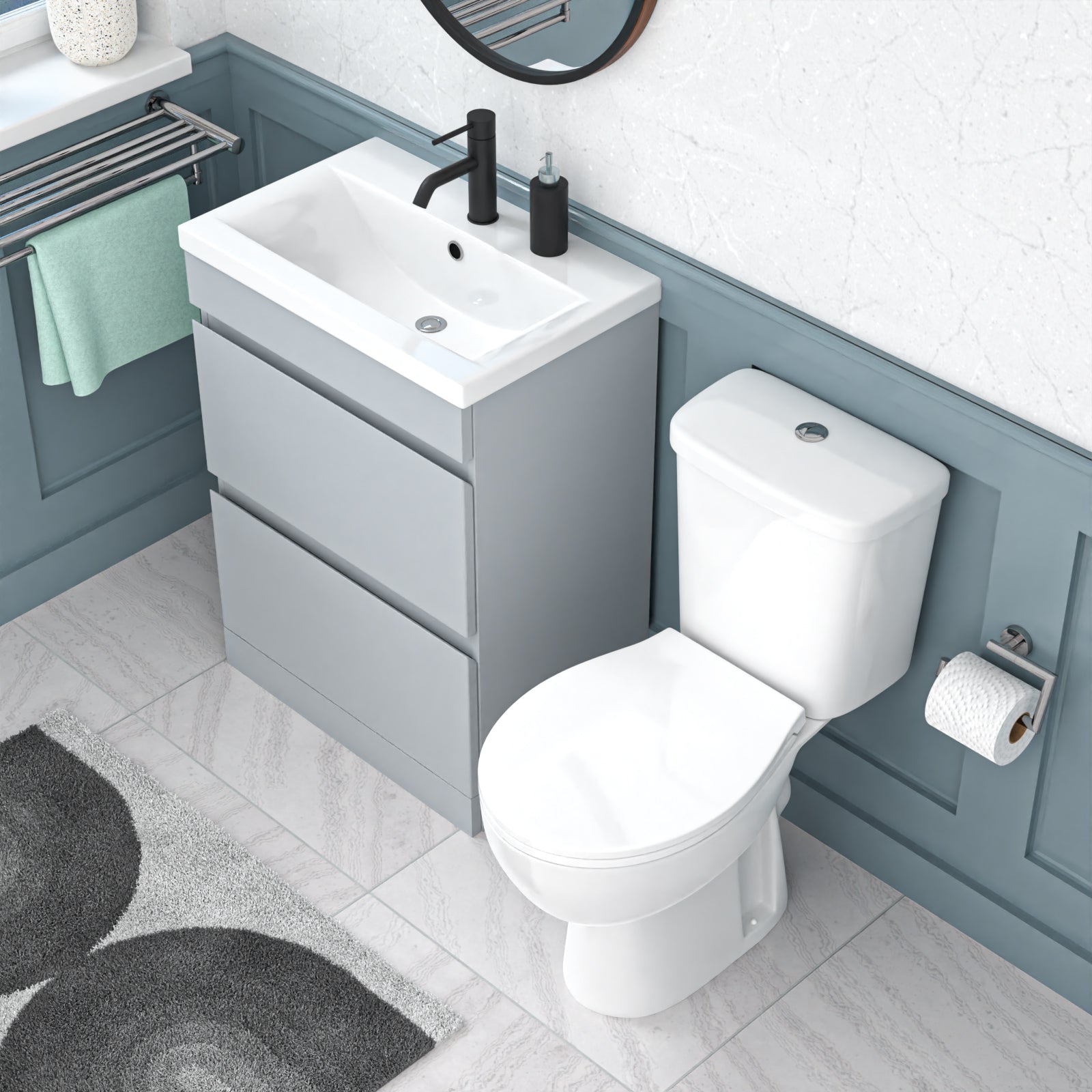 Alaska 600mm Matte Grey 2 Drawers Handleless Basin Vanity Close Coupled Toilet