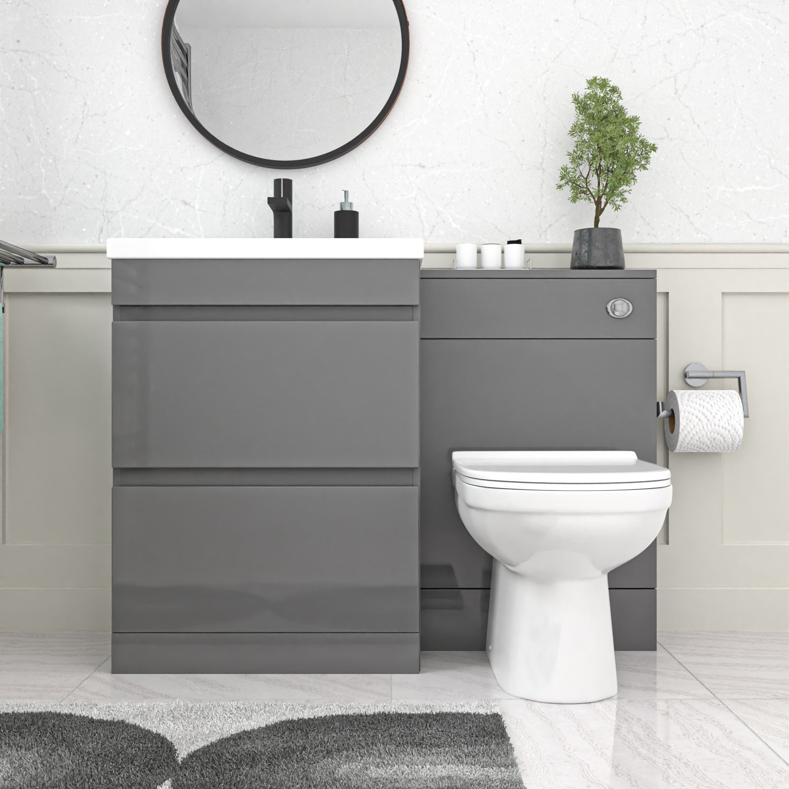 Grey 600mm Vanity Unit 2 Drawers WC Unit & BTW Toilet