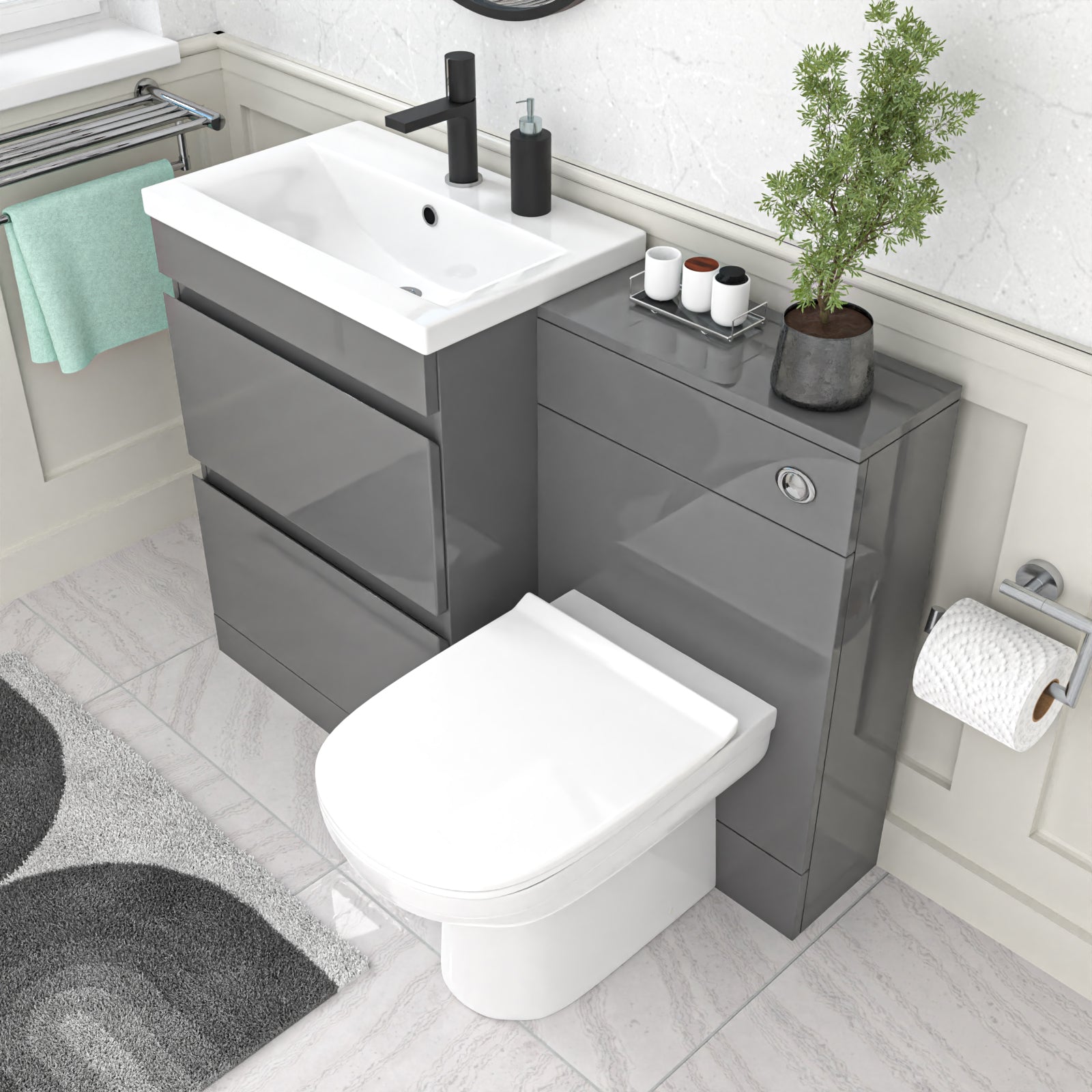 Alaska Grey 600mm Vanity Unit 2 Drawers WC Unit & BTW Toilet