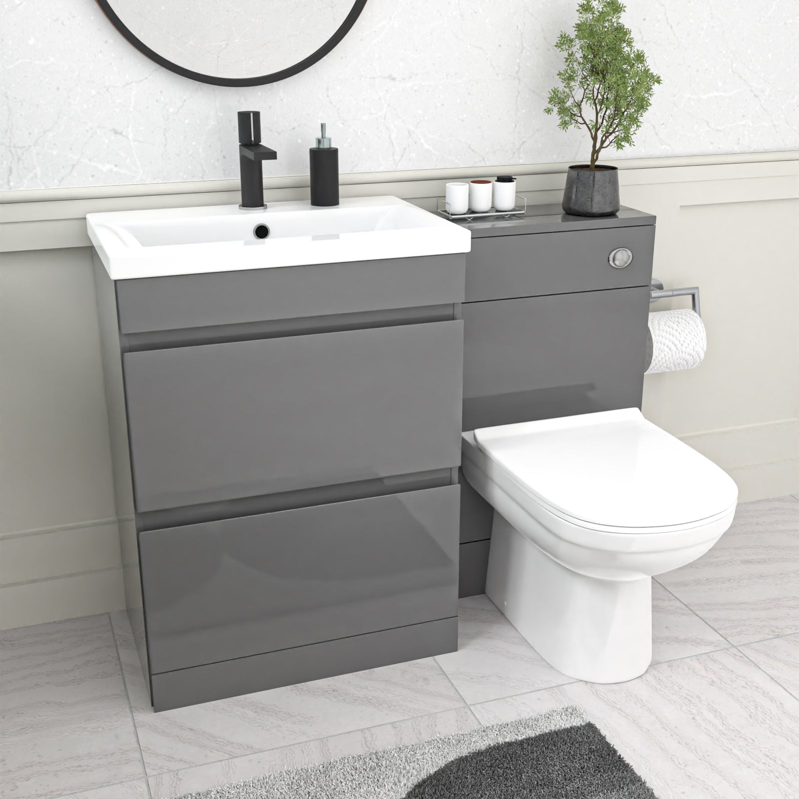 Alaska Grey 600mm Vanity Unit 2 Drawers WC Unit & BTW Toilet