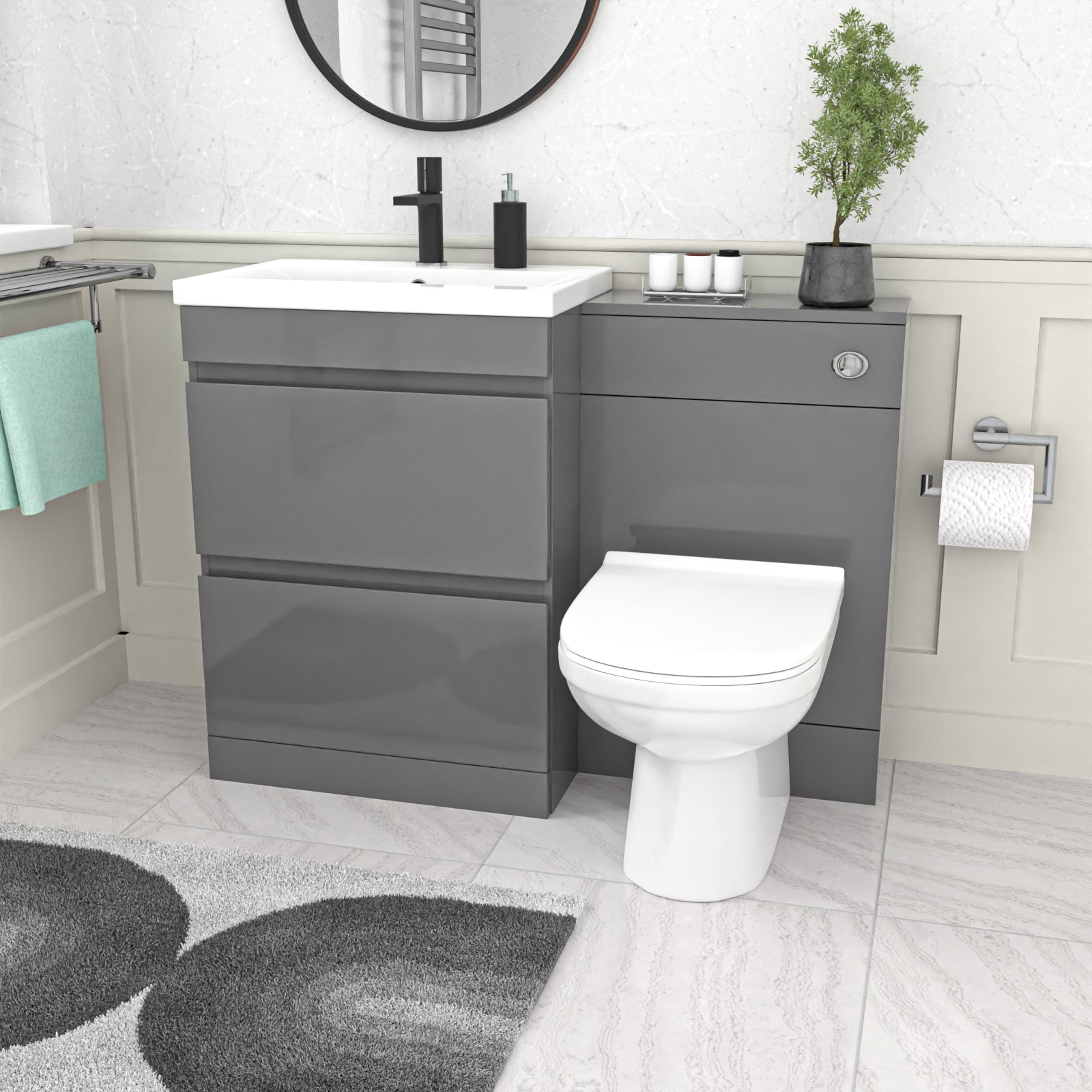 Grey 600mm Vanity Unit 2 Drawers WC Unit & BTW Toilet