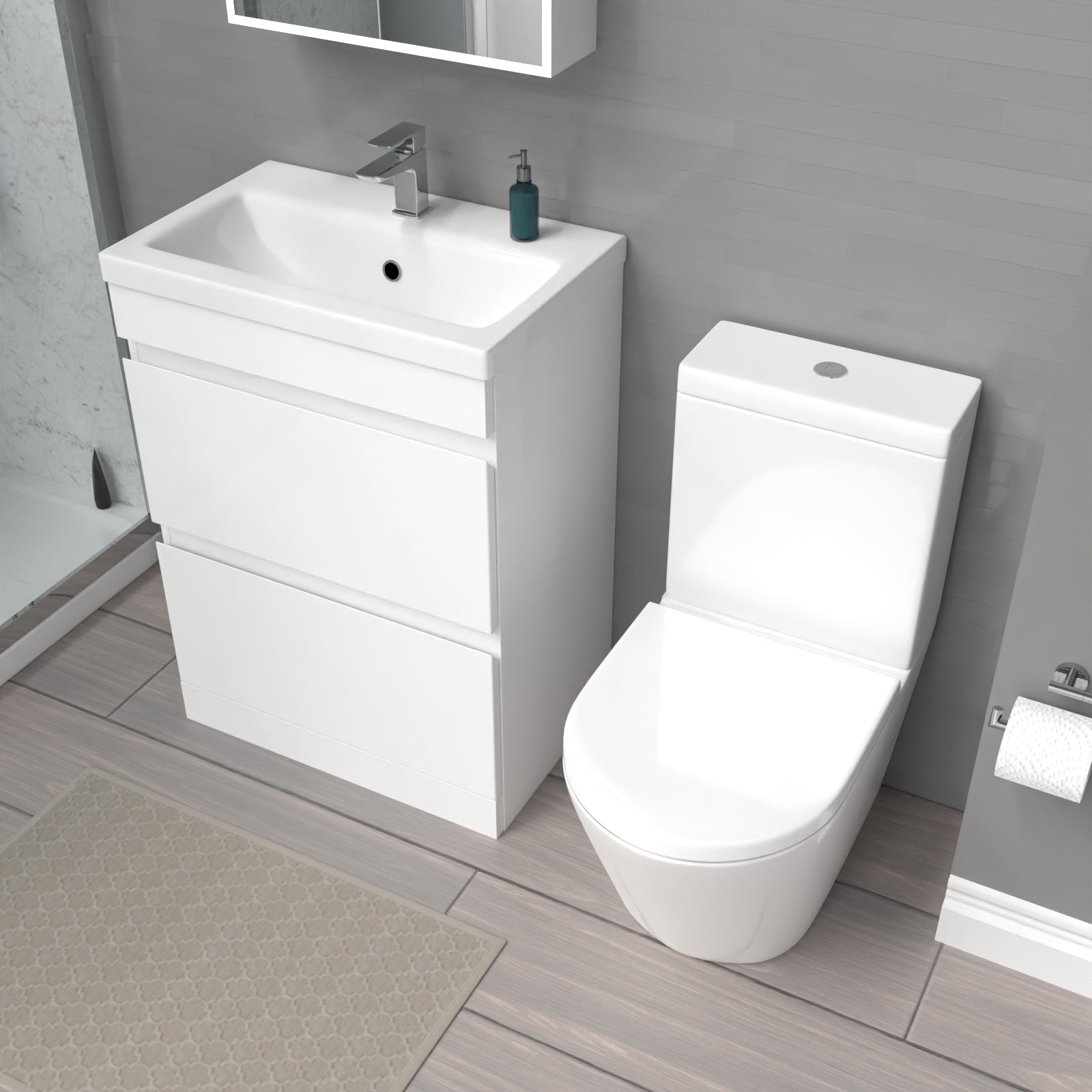 Alaska White 600mm 2 Drawers Freestanding Basin Vanity & Close Coupled Toilet