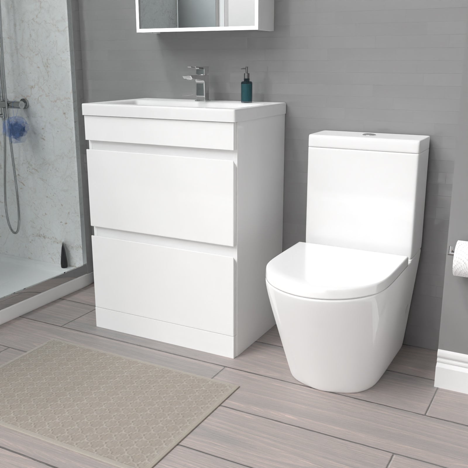 Alaska White 600mm 2 Drawers Freestanding Basin Vanity & Close Coupled Toilet