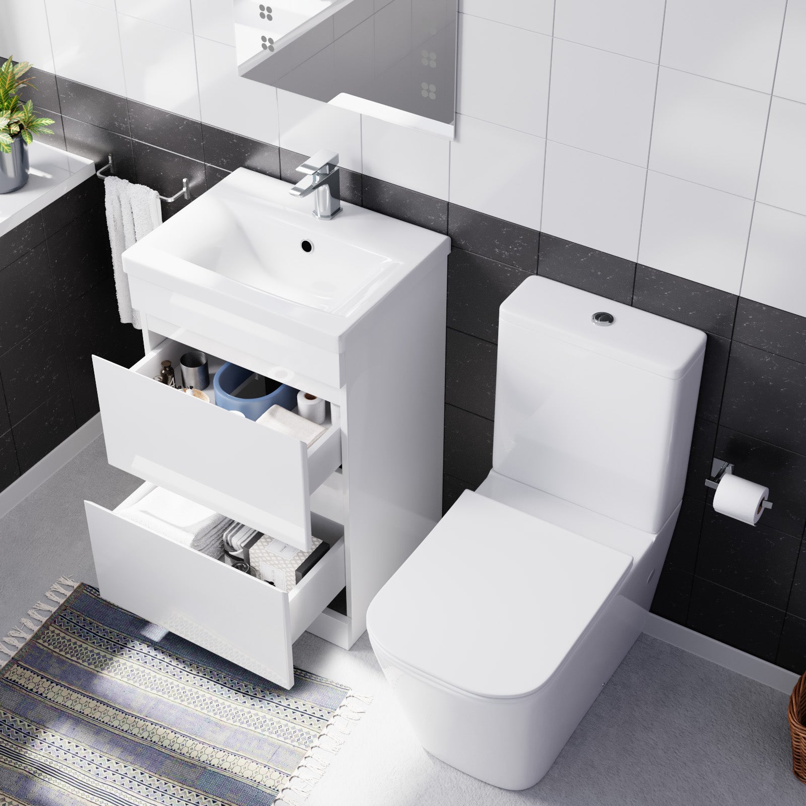Alaska 600mm 2 Drawers Freestanding White Basin Vanity & Close Coupled Toilet