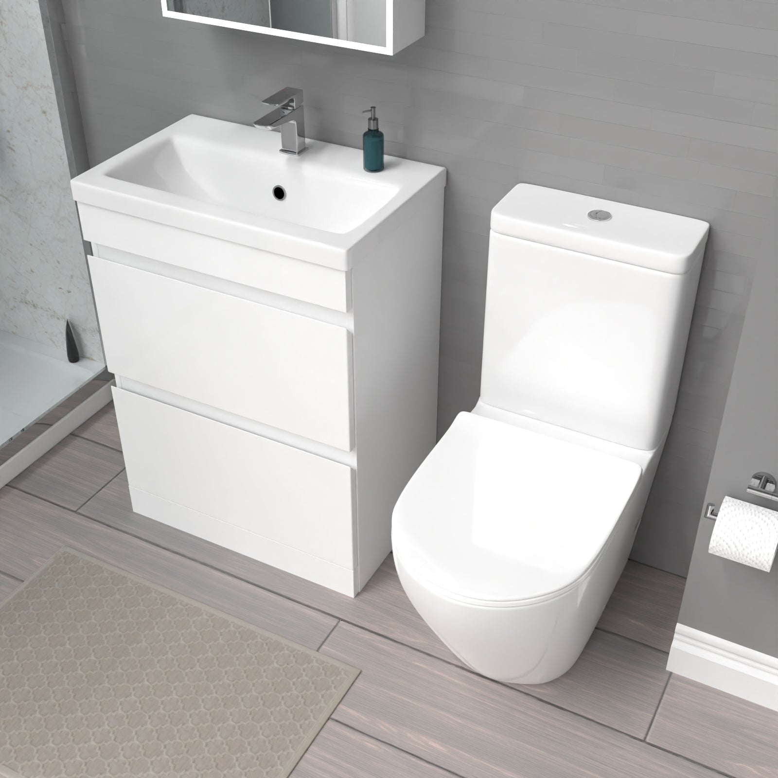 Alaska 600mm 2 Drawers Gloss White Basin Vanity & Rimless Close Coupled Toilet