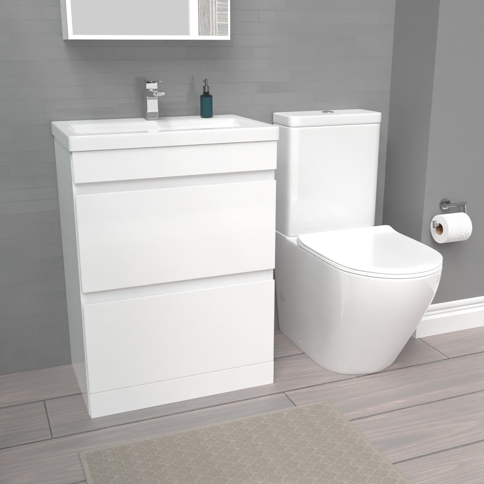 Alaska 600mm 2 Drawers Gloss White Basin Vanity & Rimless Close Coupled Toilet