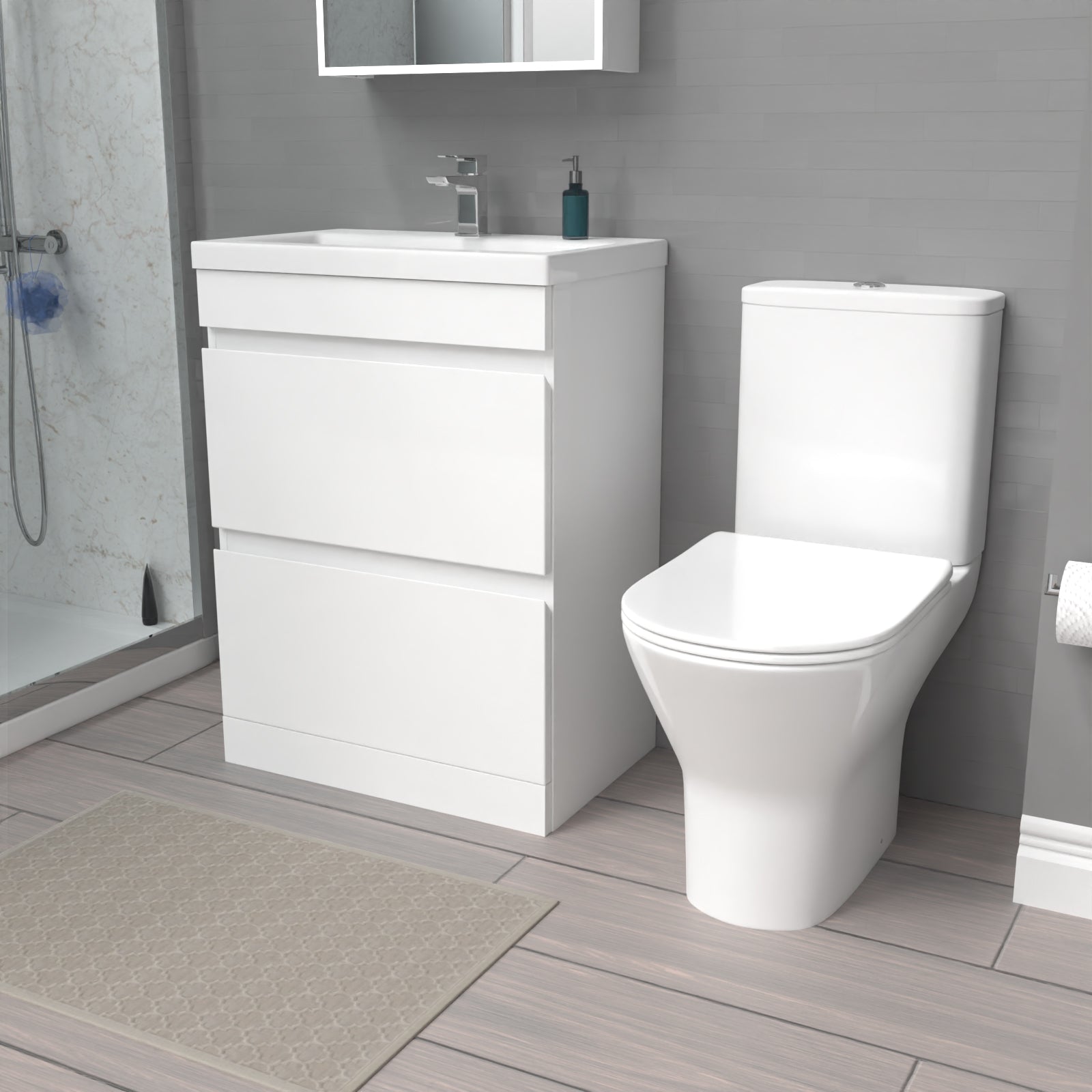 Alaska 600mm 2 Drawers Gloss Basin Vanity & Rimless Close Coupled Toilet White