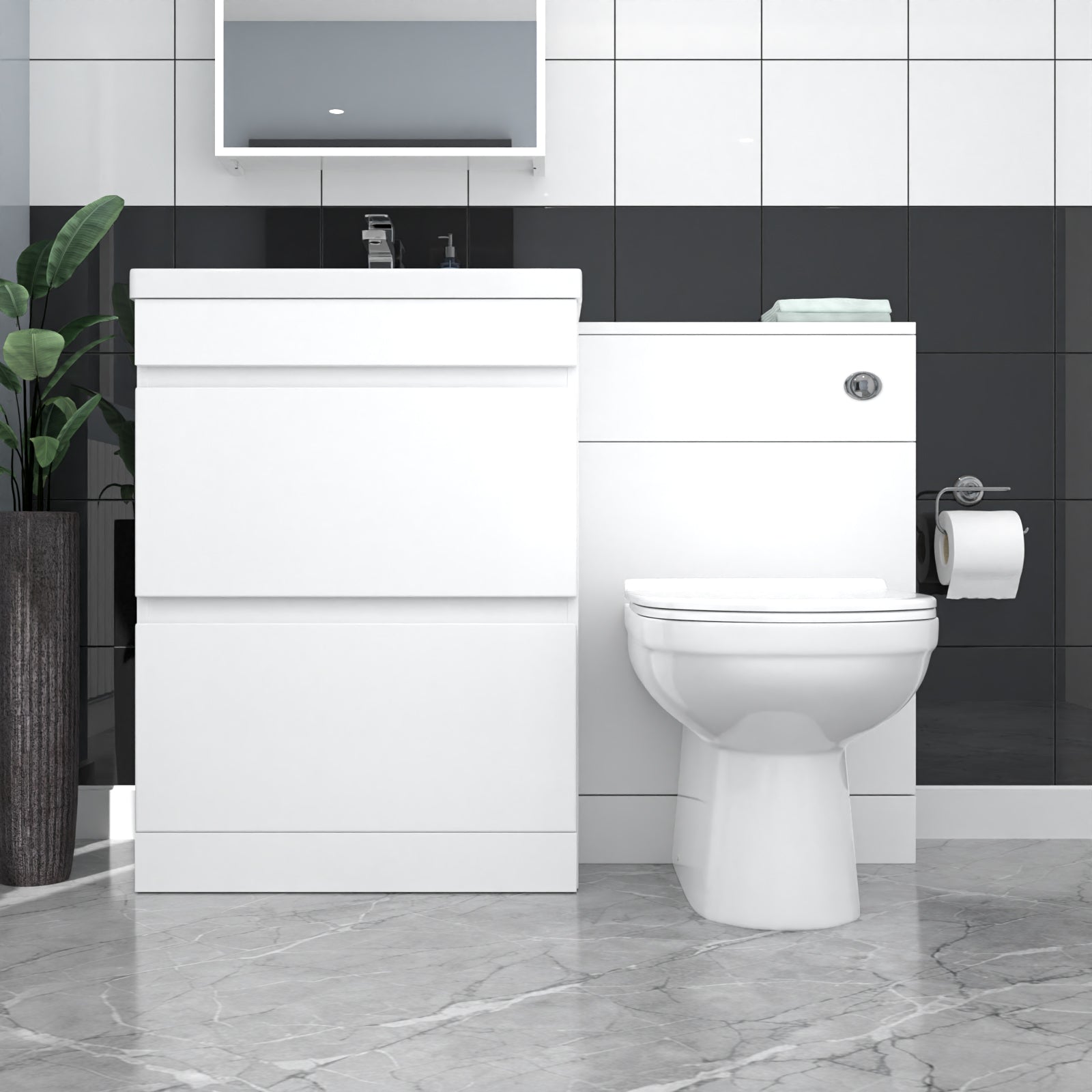 White Floor Standing 600mm Vanity Unit 2 Drawers WC Unit & BTW Toilet