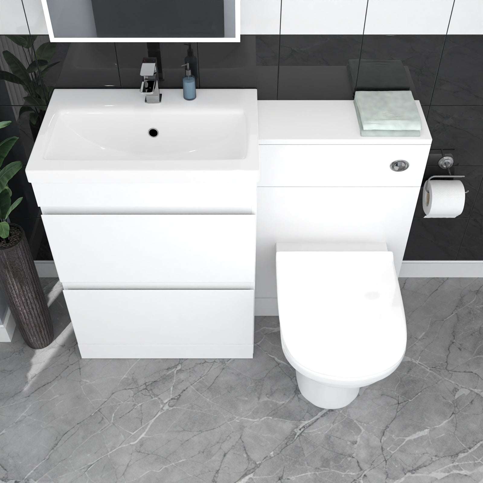 White Floor Standing 600mm Vanity Unit 2 Drawers WC Unit & BTW Toilet