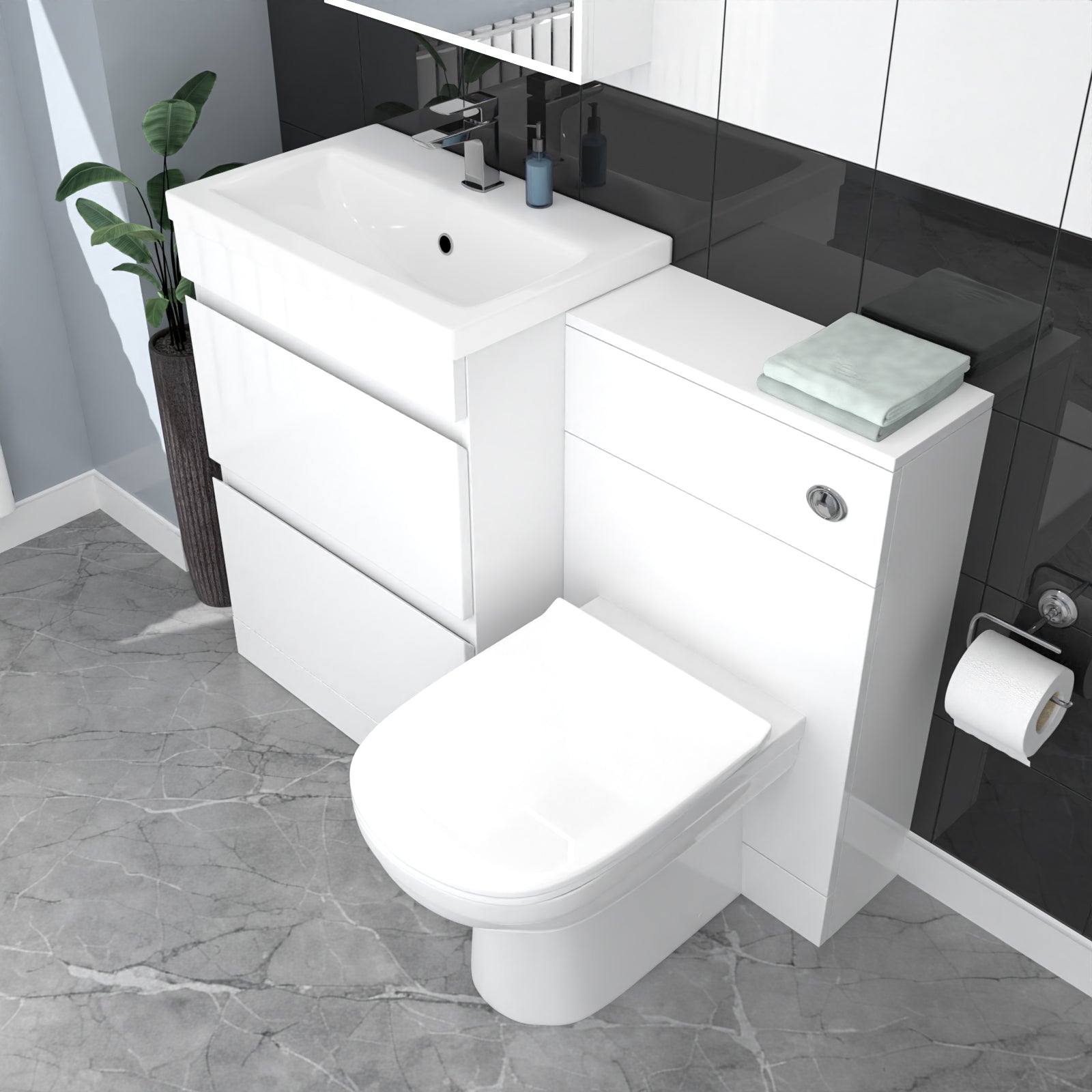 White Floor Standing 600mm Vanity Unit 2 Drawers WC Unit & BTW Toilet