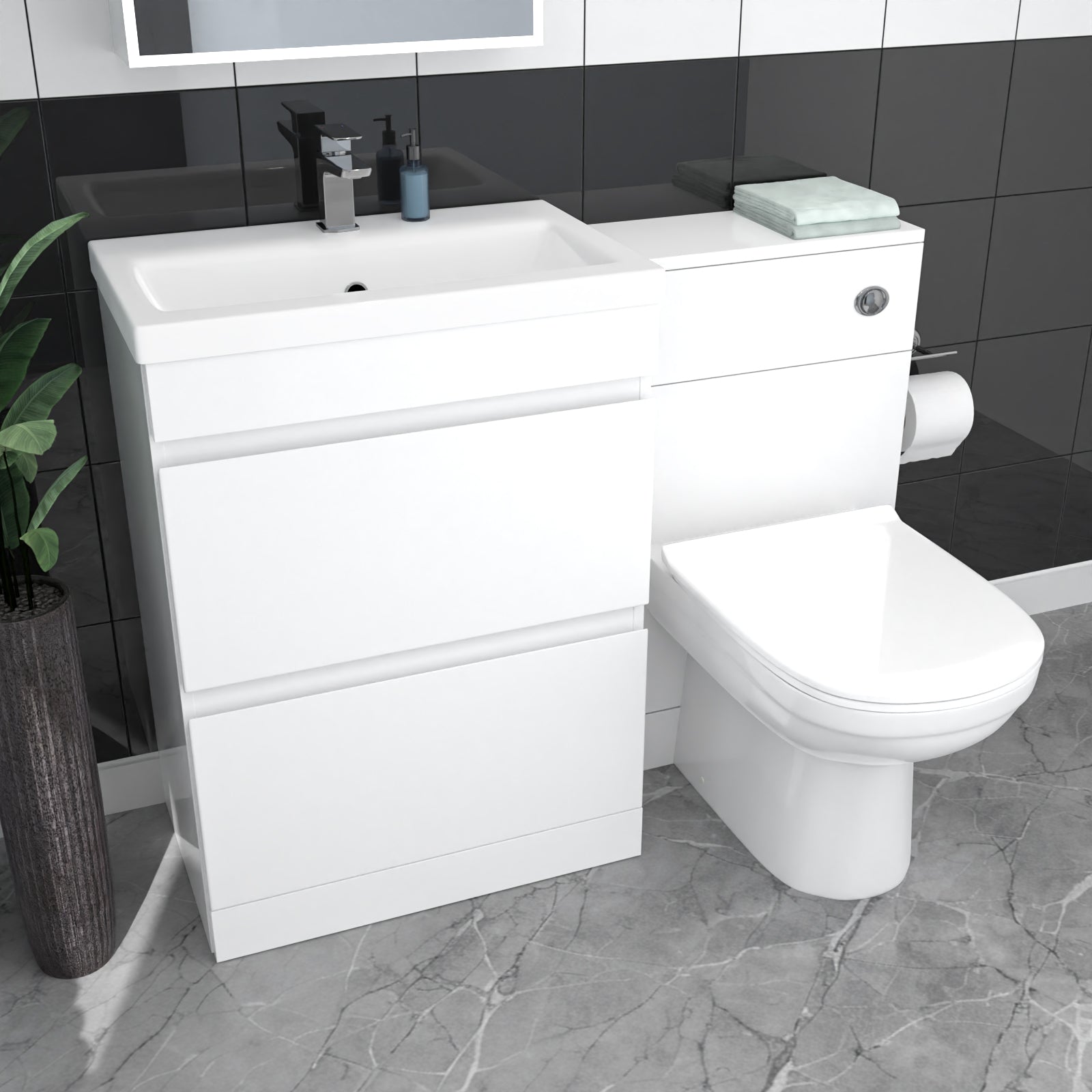 White Floor Standing 600mm Vanity Unit 2 Drawers WC Unit & BTW Toilet