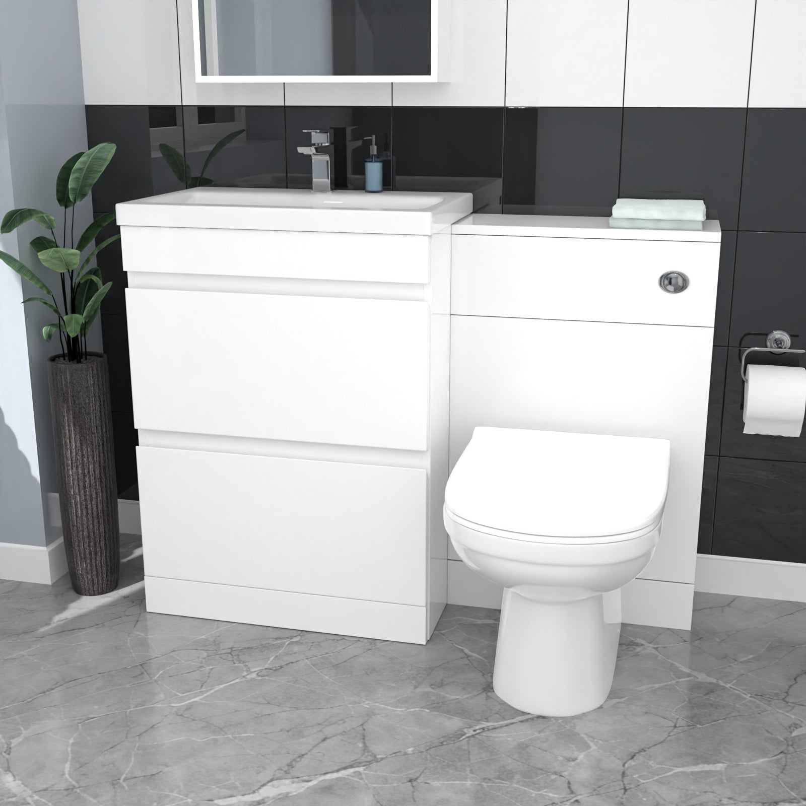 White Floor Standing 600mm Vanity Unit 2 Drawers WC Unit & BTW Toilet