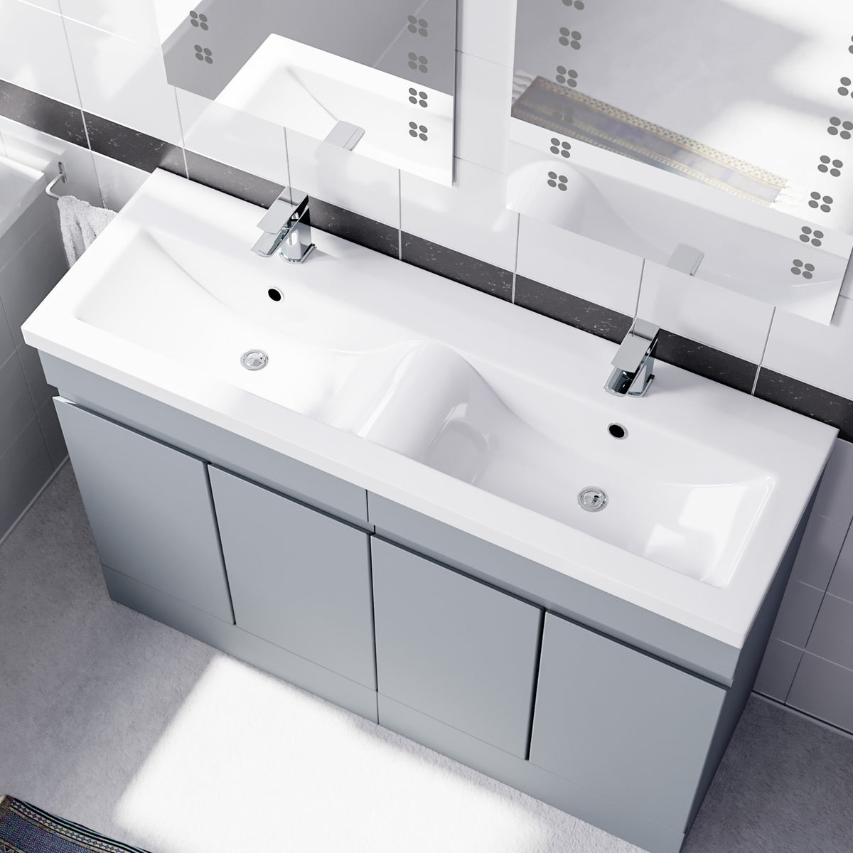 Set of 2 PVC Freestanding 600mm Cabinet & Ceramic Mid Edge Twin Basin - Matte Grey
