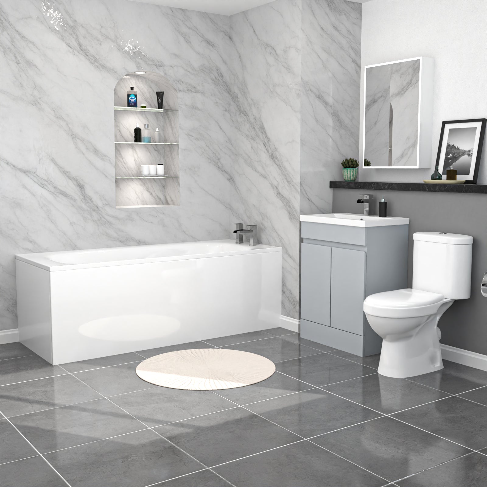 Alaska 1700mm Bath, Matte Grey Basin Vanity & Close Coupled Toilet
