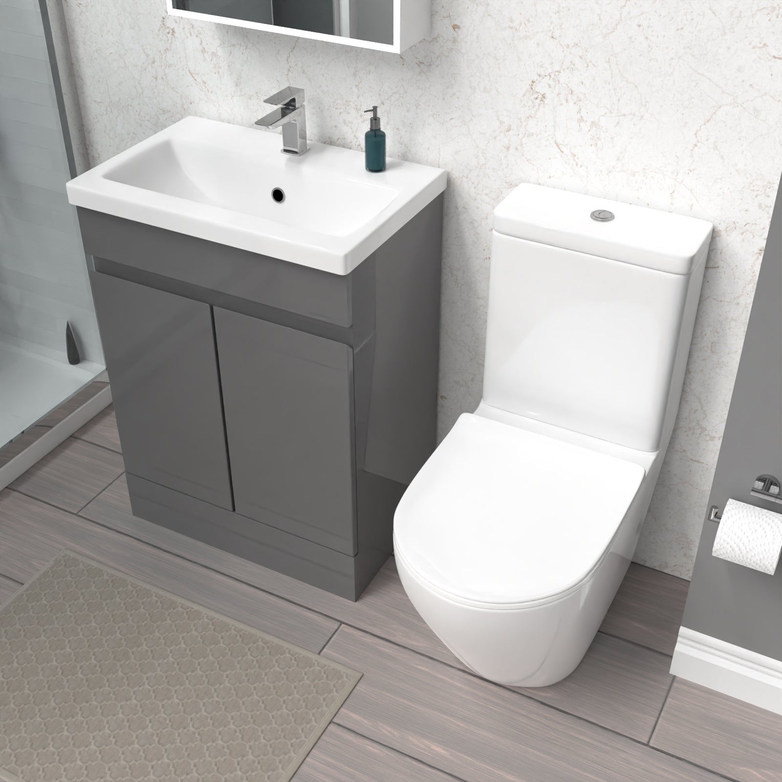 Alaska 600mm Steel Grey Basin Vanity Unit & Rimless Close Coupled Toilet Set