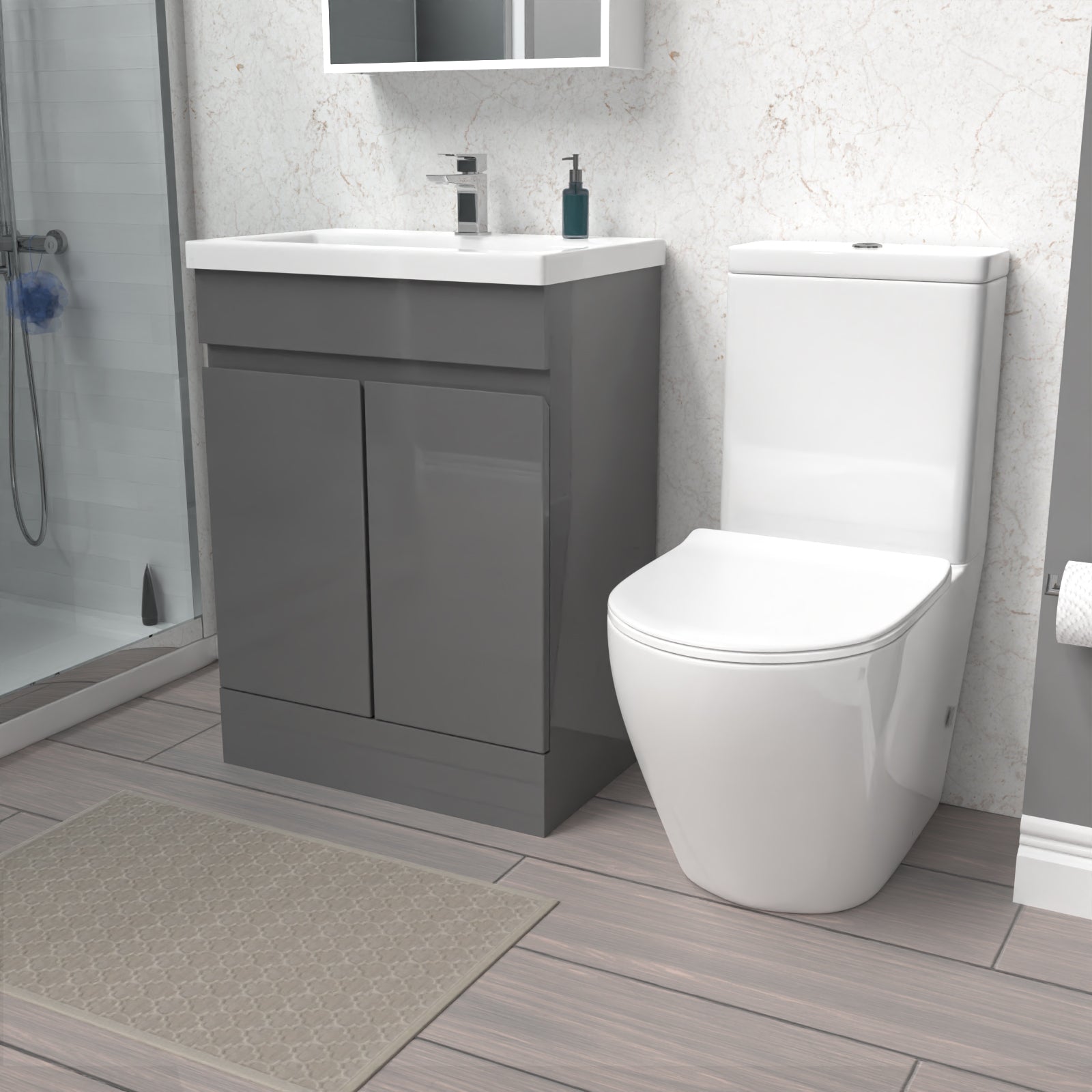 Alaska 600mm Steel Grey Basin Vanity Unit & Rimless Close Coupled Toilet Set