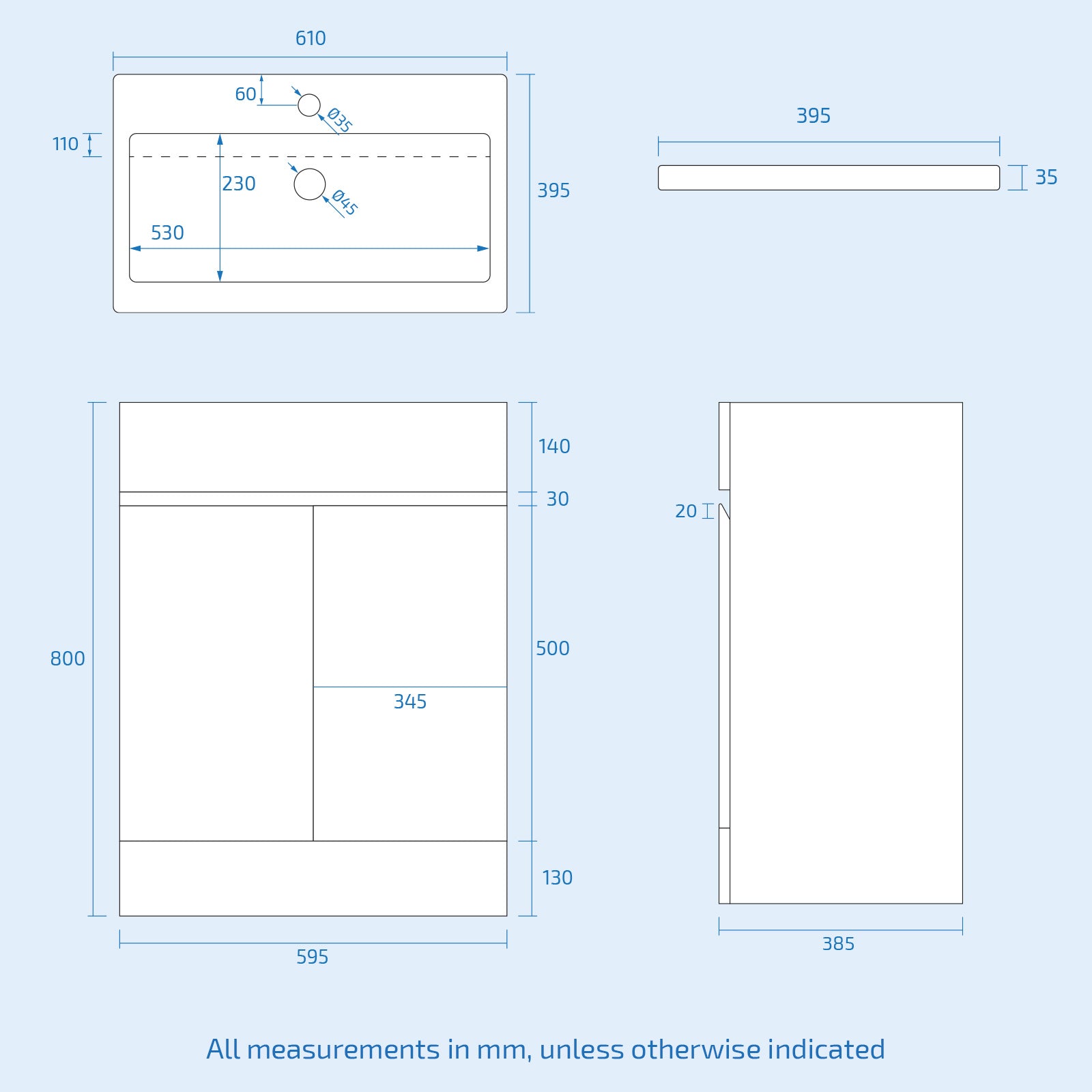 Alaska White 600mm PVC 2 Doors Vanity WC Unit BTW Toilet and Bath Set