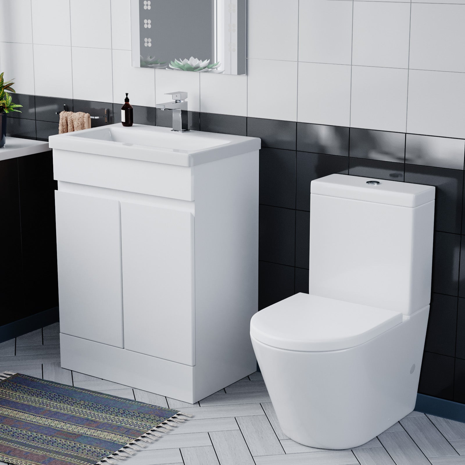 Alaska Flat Pack 600mm Gloss White Freestanding Basin Vanity & Close Coupled Rimless Toilet Set