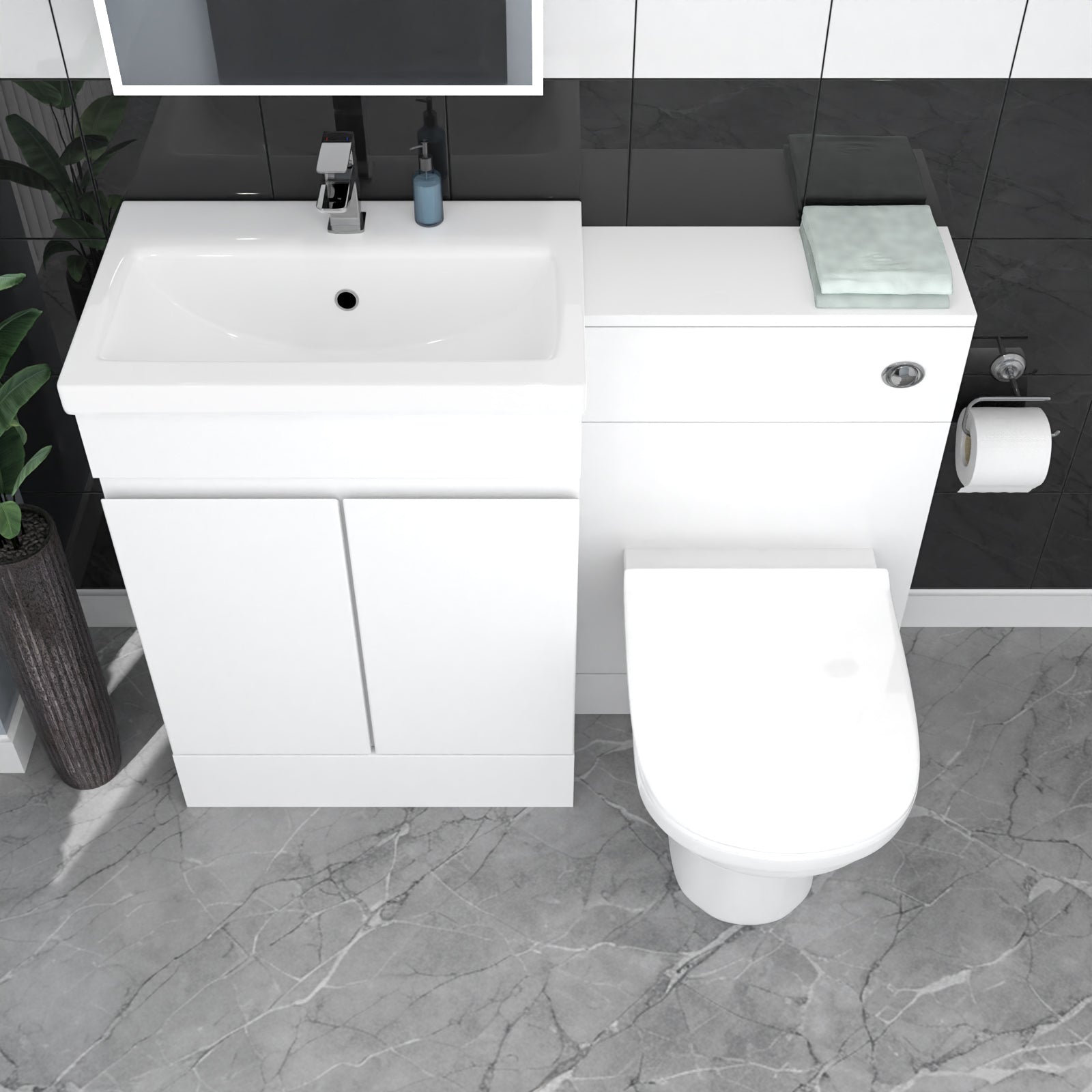 White Floor Standing 600mm Vanity Unit 2 Door with WC Unit & BTW Toilet