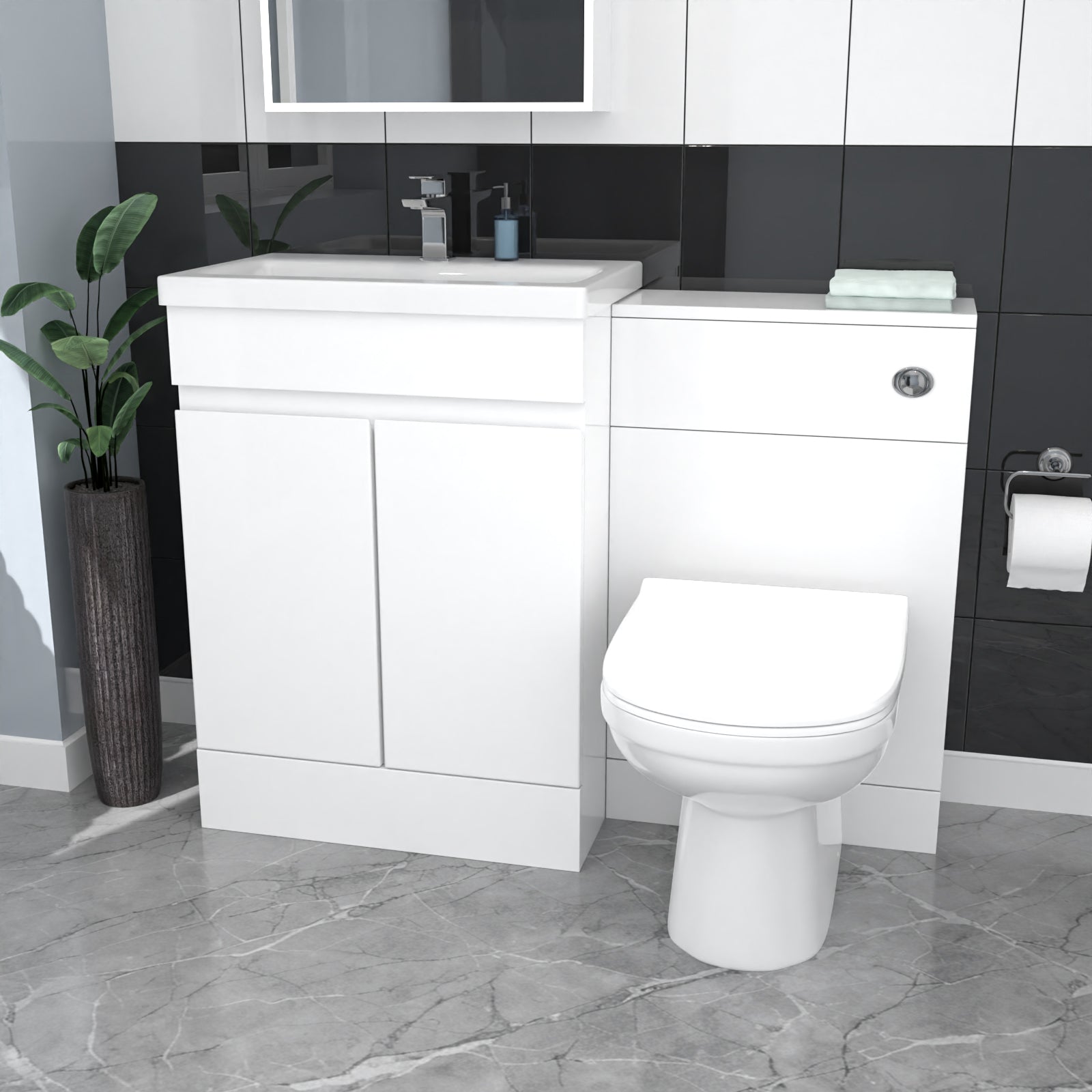 White Floor Standing 600mm Vanity Unit 2 Door with WC Unit & BTW Toilet