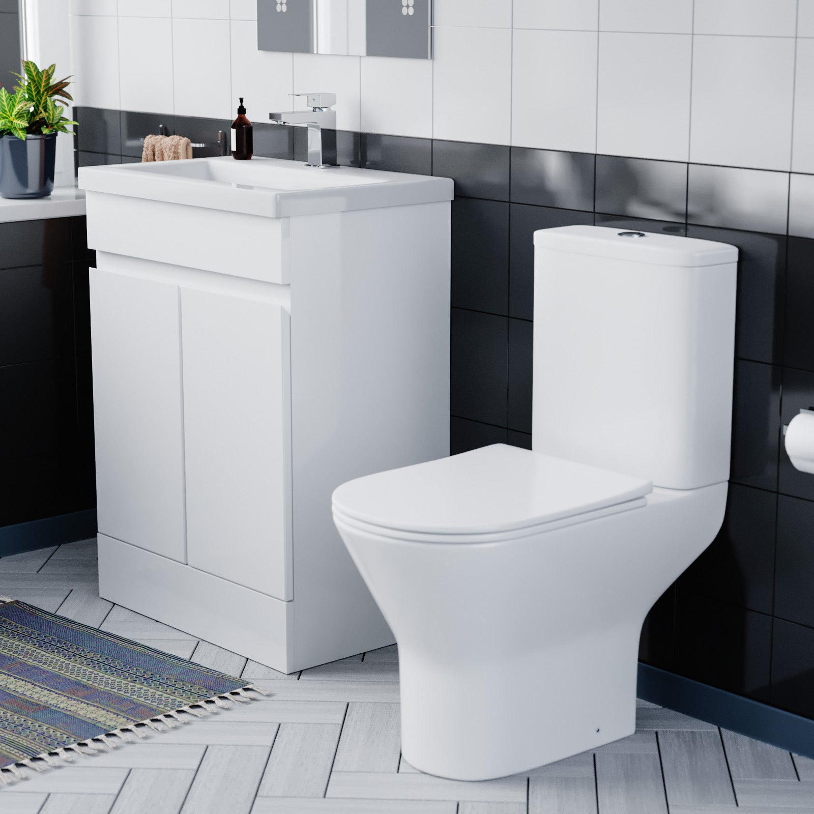 Alaska Flat Pack 600mm Gloss White Basin Vanity & Theo Close Coupled Rimless Toilet Set