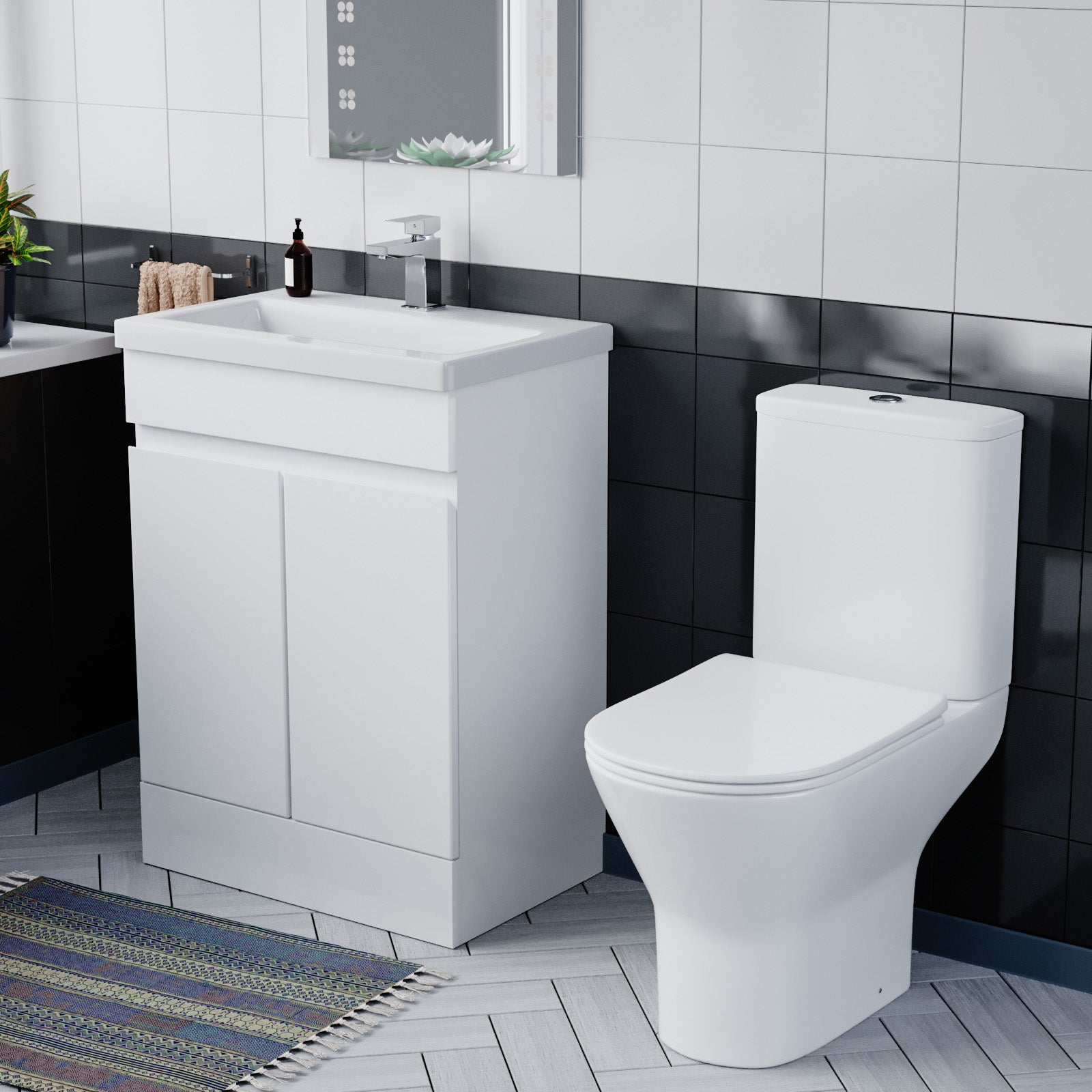 Alaska Flat Pack 600mm Gloss White Basin Vanity & Theo Close Coupled Rimless Toilet Set