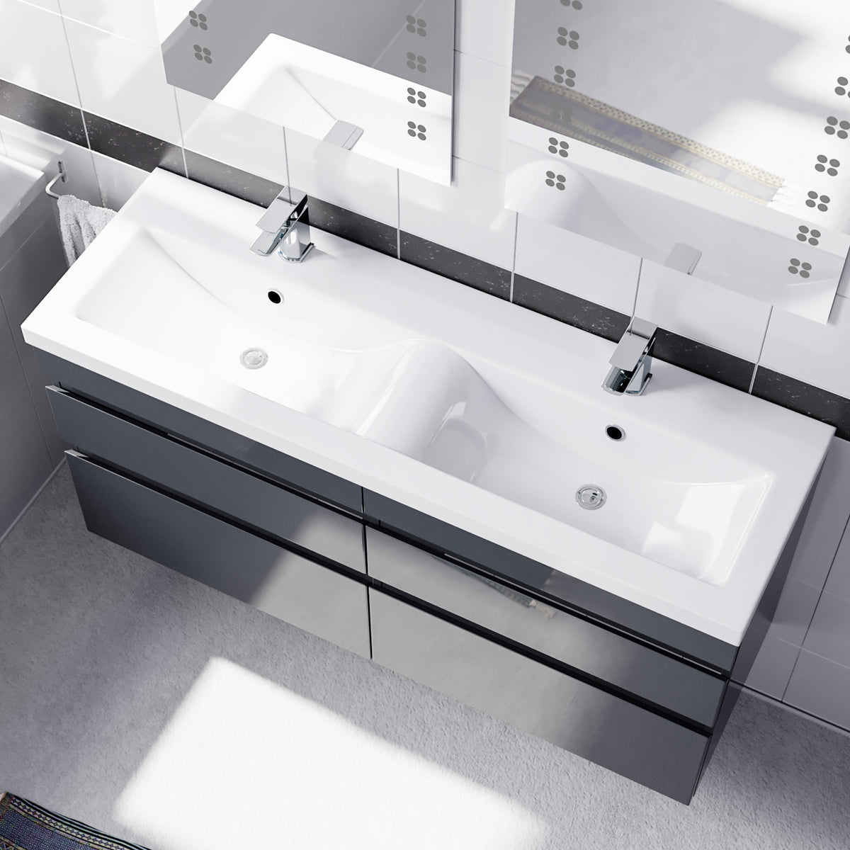 Set of 2 PVC Wall Hung 600mm Vanity & Ceramic Mid Edge Twin Basin - Anthracite