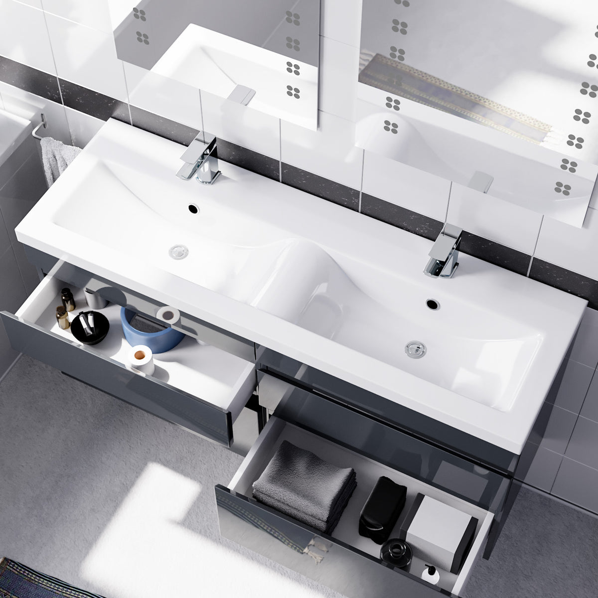 Set of 2 PVC Wall Hung 600mm Vanity & Ceramic Mid Edge Twin Basin - Anthracite