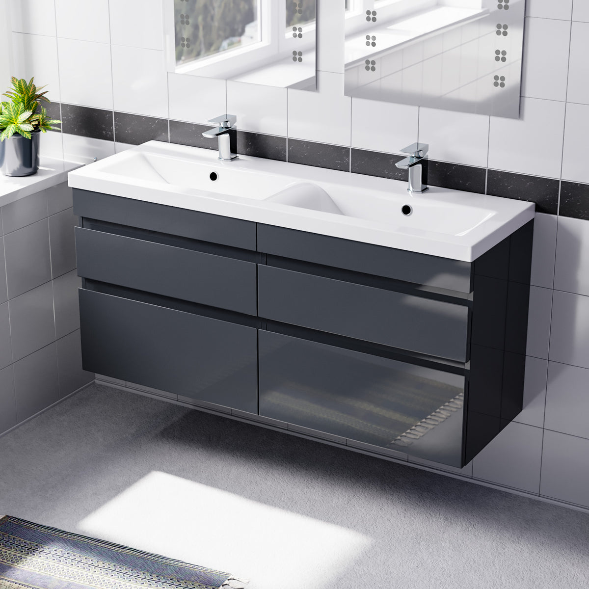 Set of 2 PVC Wall Hung 600mm Vanity & Ceramic Mid Edge Twin Basin - Anthracite