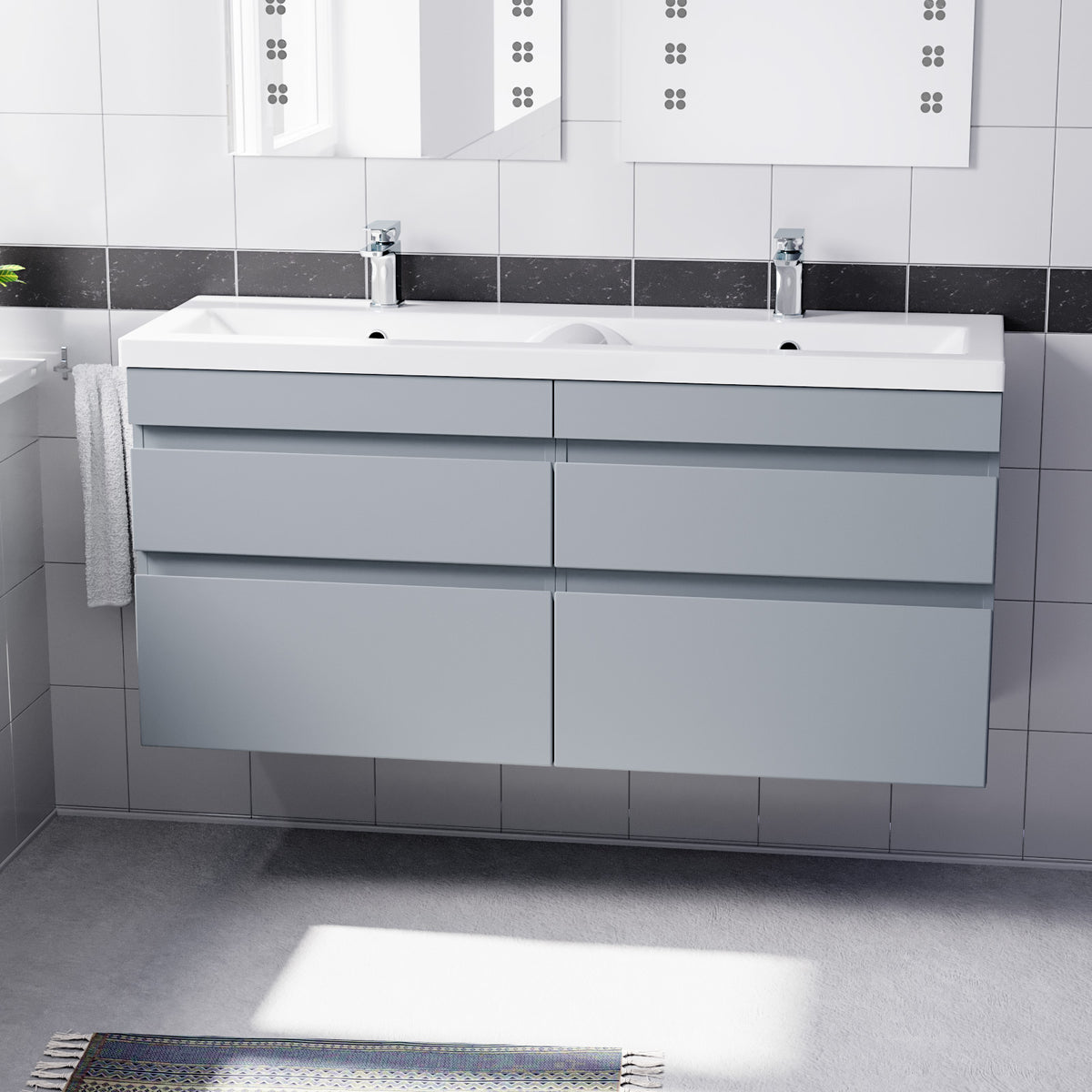 Set of 2 PVC Wall Hung 600mm Vanity & Ceramic Mid Edge Twin Basin - Matte Grey