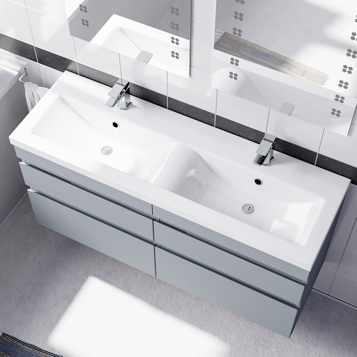 Set of 2 Wall Hung 600mm Handless Cabinet with Mid-Edge Twin Basin - Matte Grey