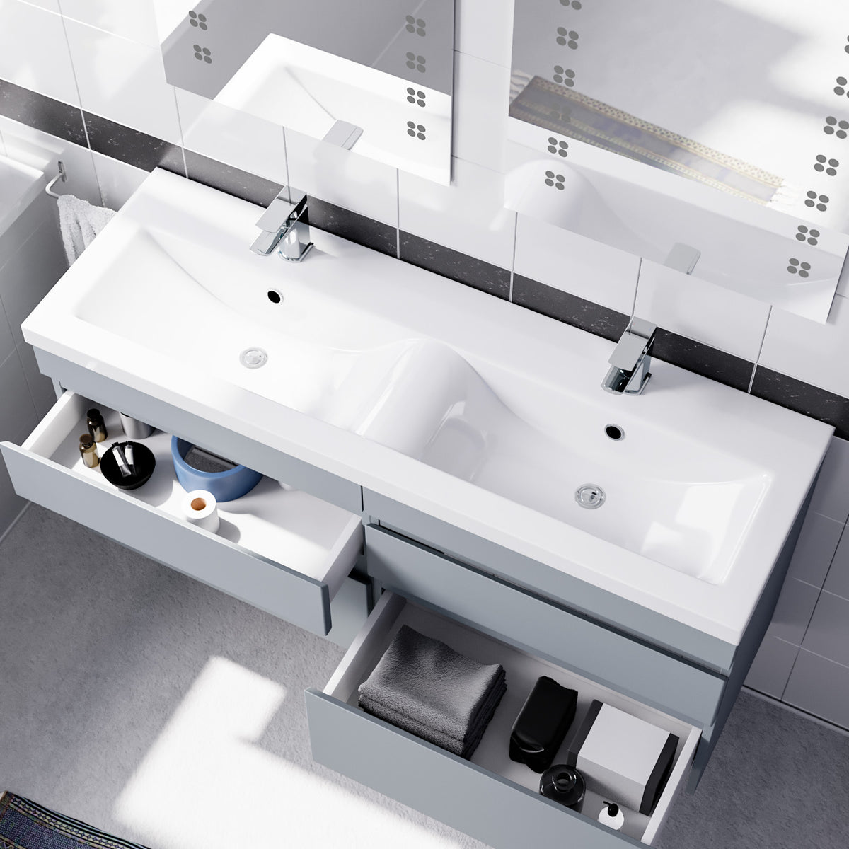 Set of 2 Wall Hung 600mm Handless Cabinet with Mid-Edge Twin Basin - Matte Grey