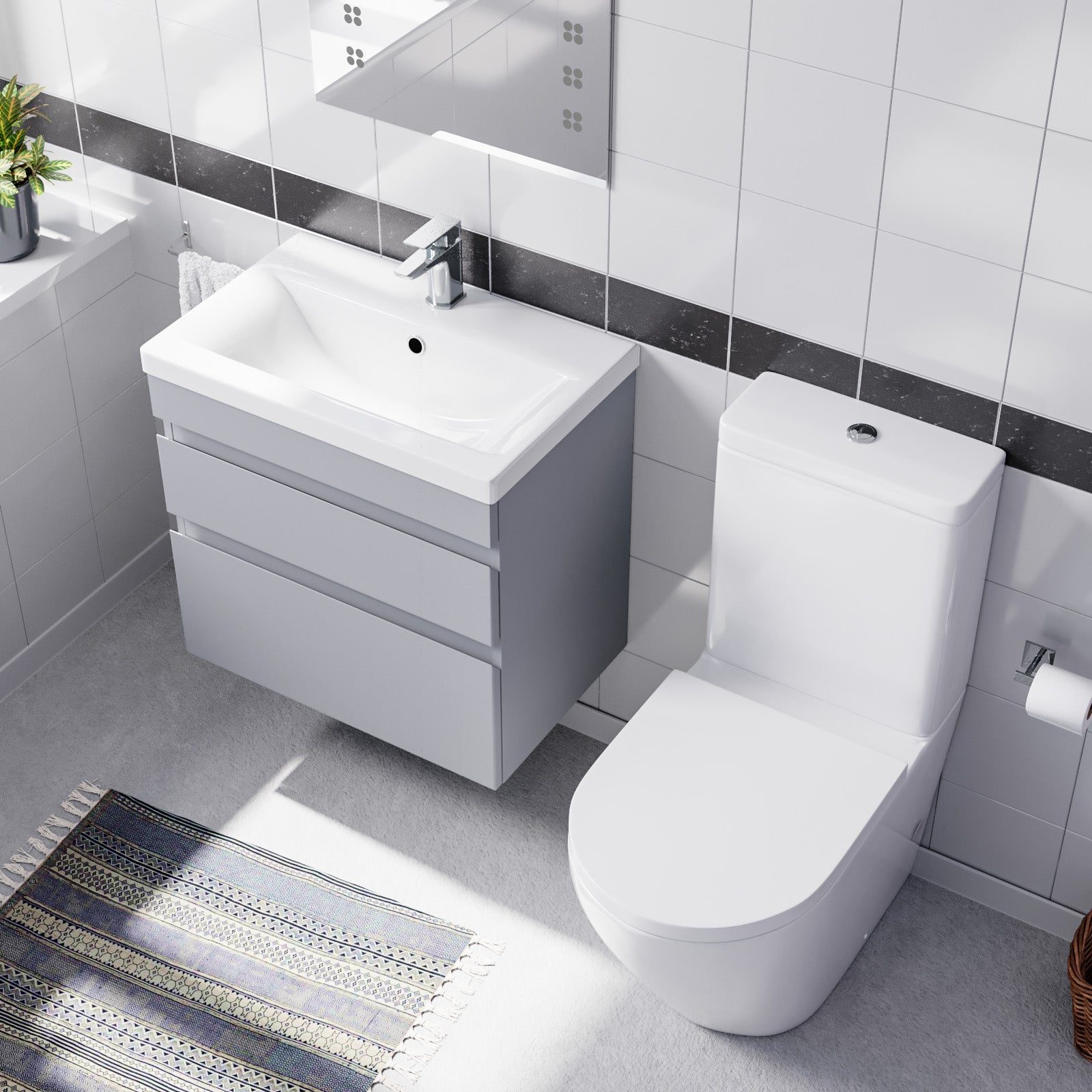 Alaska 600mm Matte Grey Wall Hung 2 Drawers Vanity Unit & Rimless Toilet