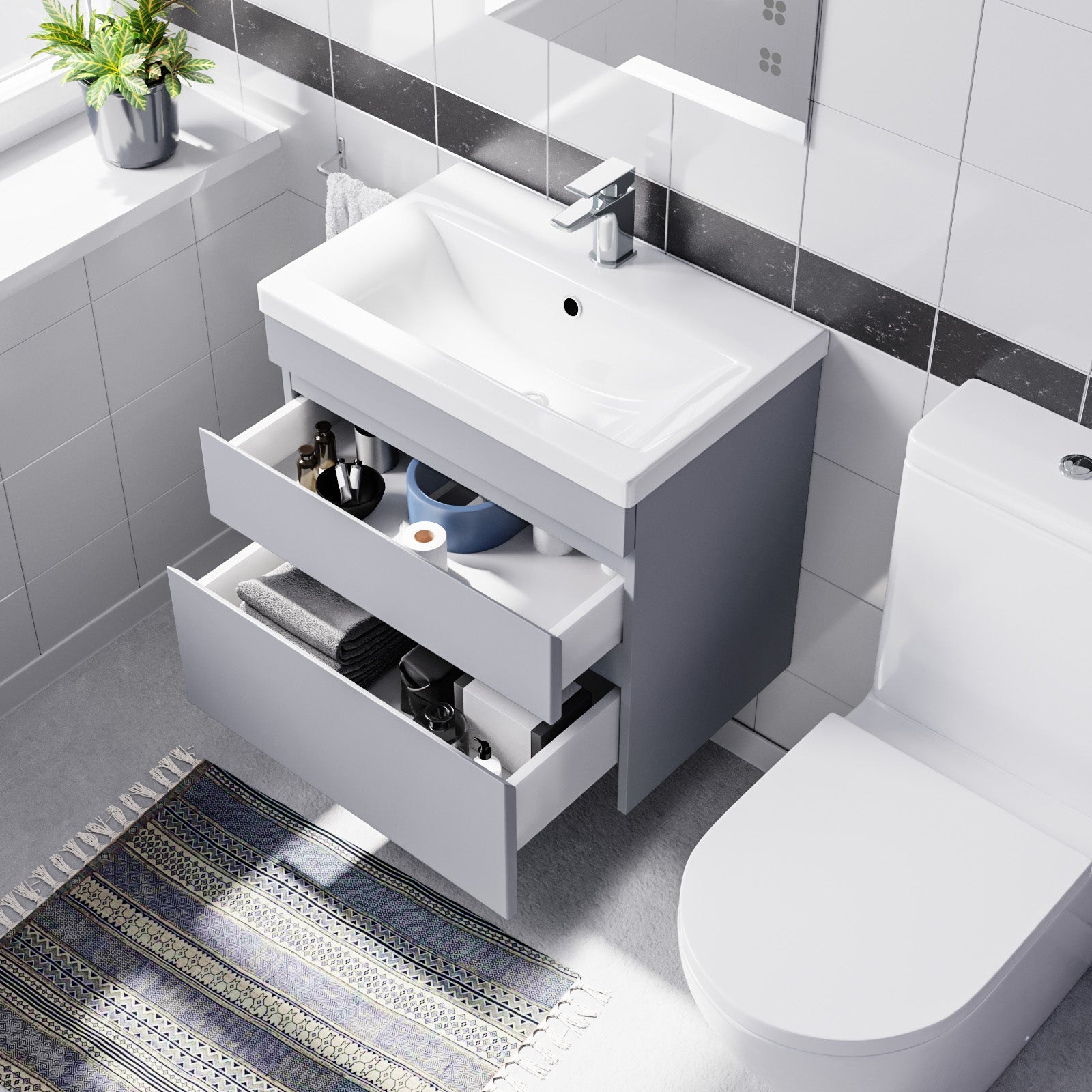 Alaska 600mm Matte Grey Wall Hung 2 Drawers Vanity Unit & Rimless Toilet