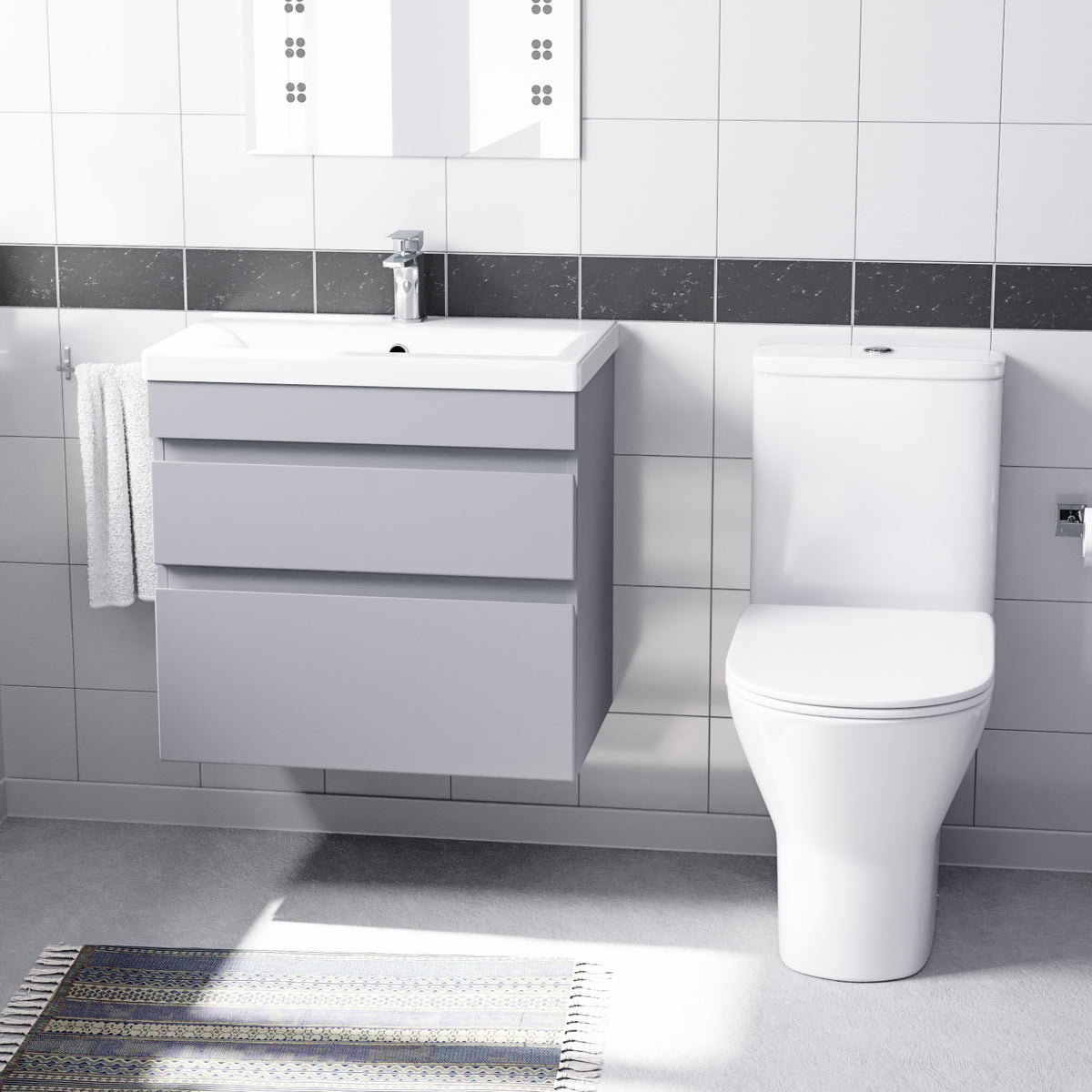 Alaska Matte Grey 600mm Drawers Vanity Unit Wall Hung & Rimless Toilet Set