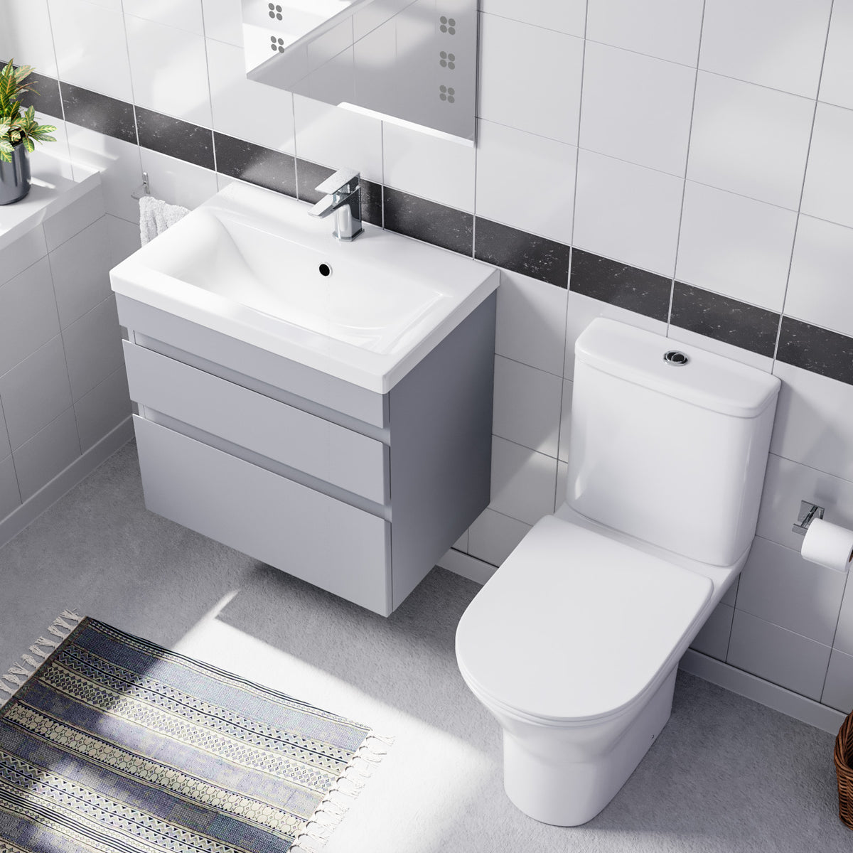 Alaska Matte Grey 600mm Drawers Vanity Unit Wall Hung & Rimless Toilet Set