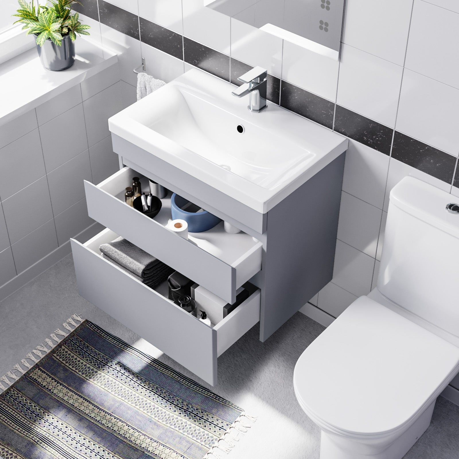Alaska Matte Grey 600mm Drawers Vanity Unit Wall Hung & Rimless Toilet Set