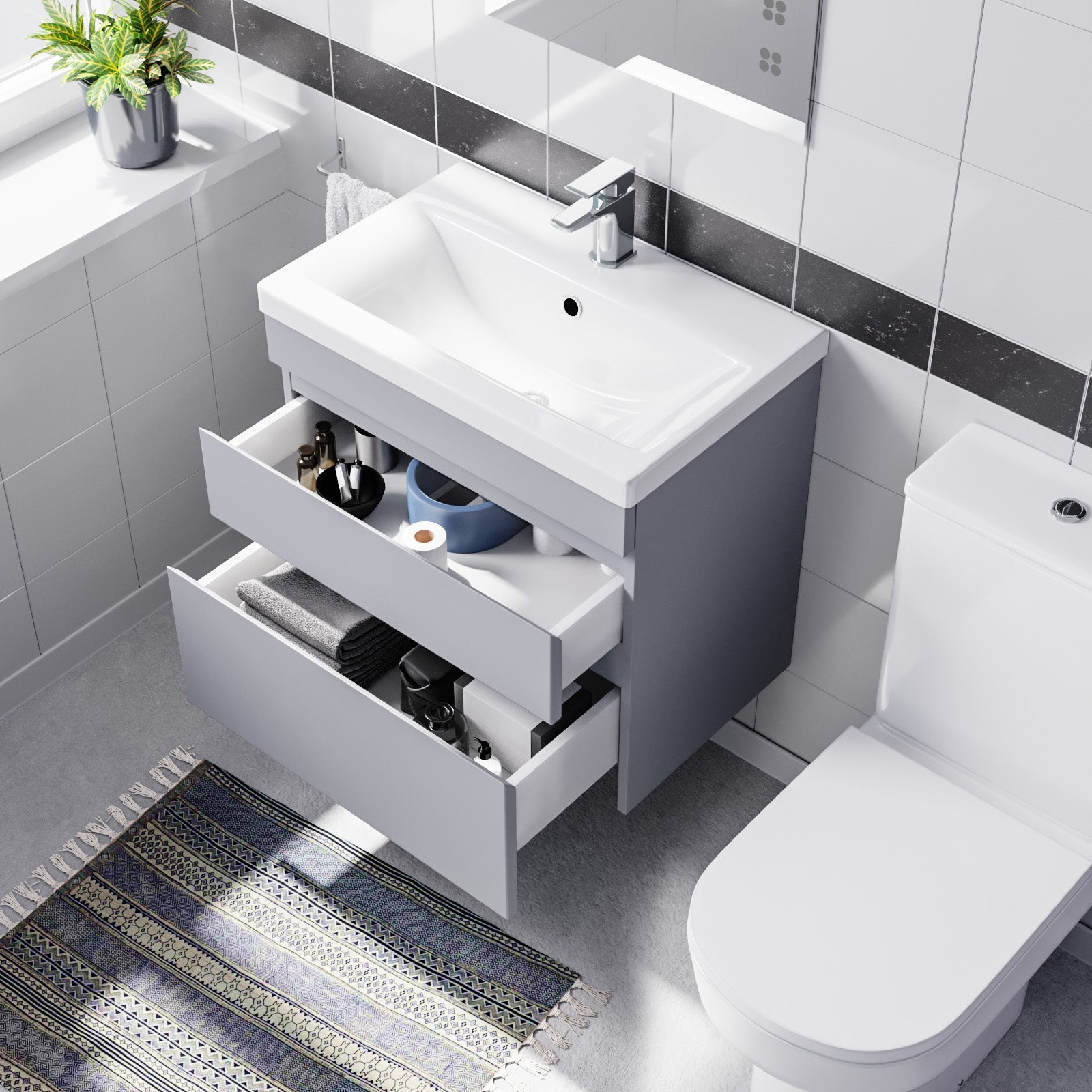 Alaska Matte Grey 600mm Drawers Vanity Unit Wall Hung & Rimless Toilet Set