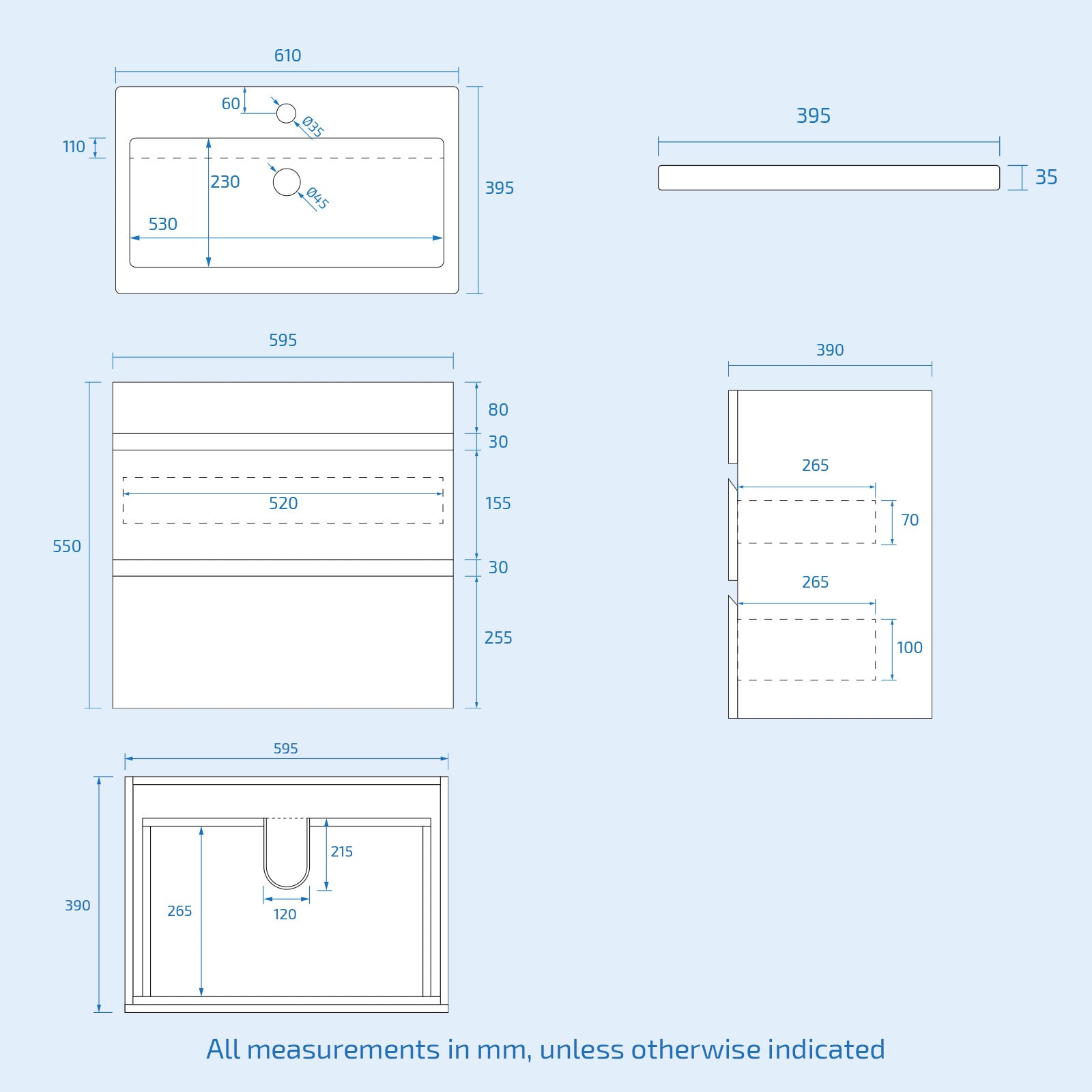 Technical drawings of various rectangular shapes with dimensions
