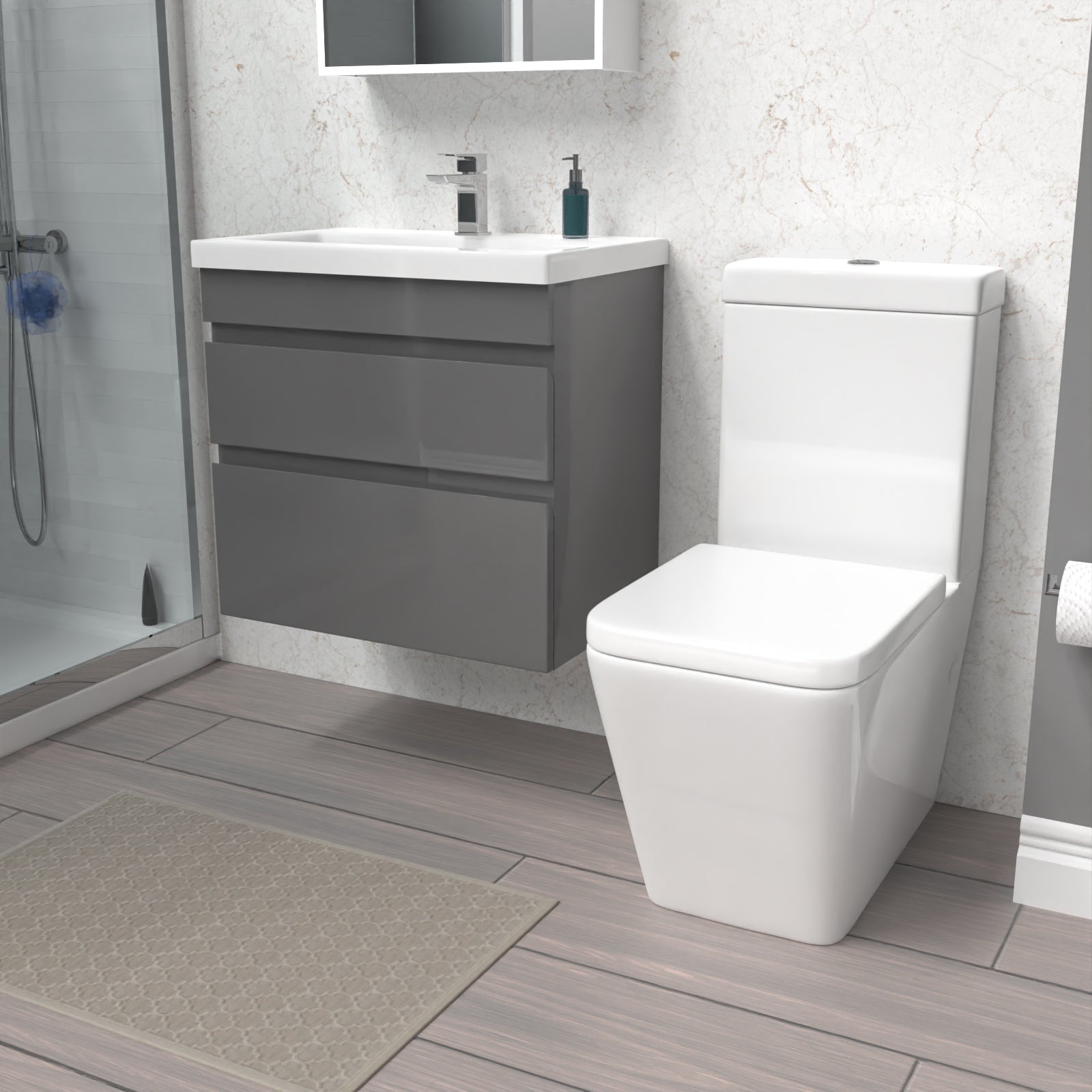 Alaska 600mm Steel Grey Wall Hung Drawers Vanity & Close Coupled Toilet