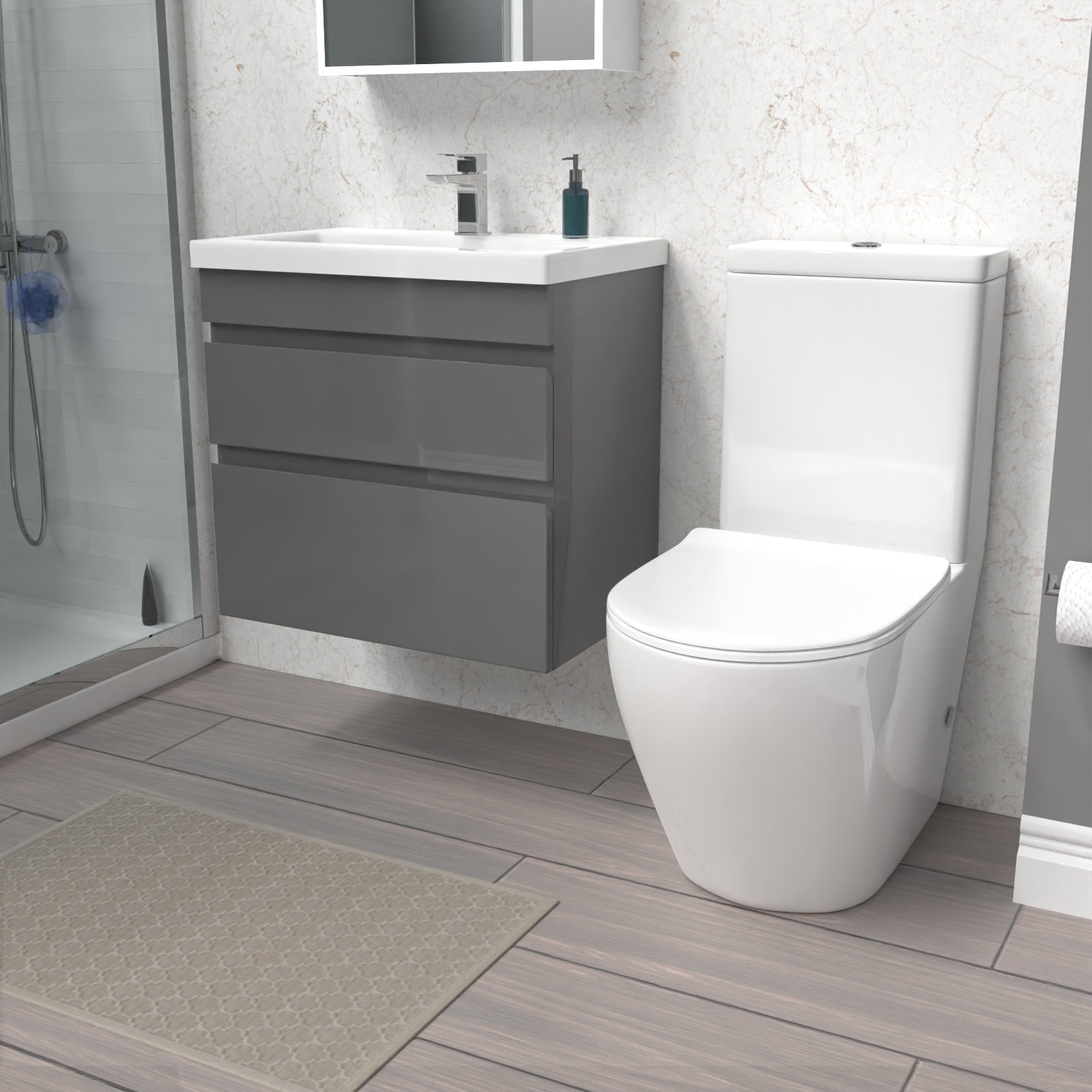 Alaska 600mm Steel Grey Wall Hung 2 Drawers Vanity Unit & Rimless Toilet