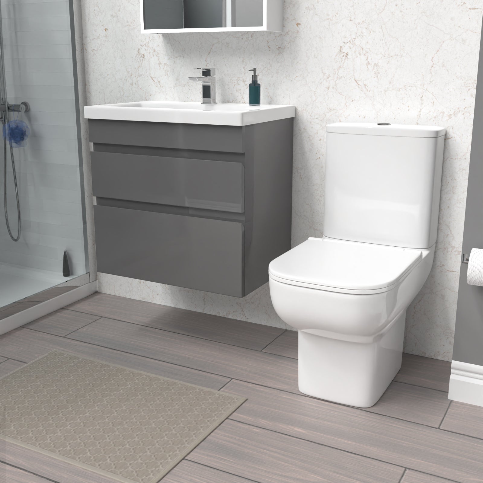 Alaska 600mm Steel Grey Wall Hung Drawers Vanity Unit & Rimless Toilet Set